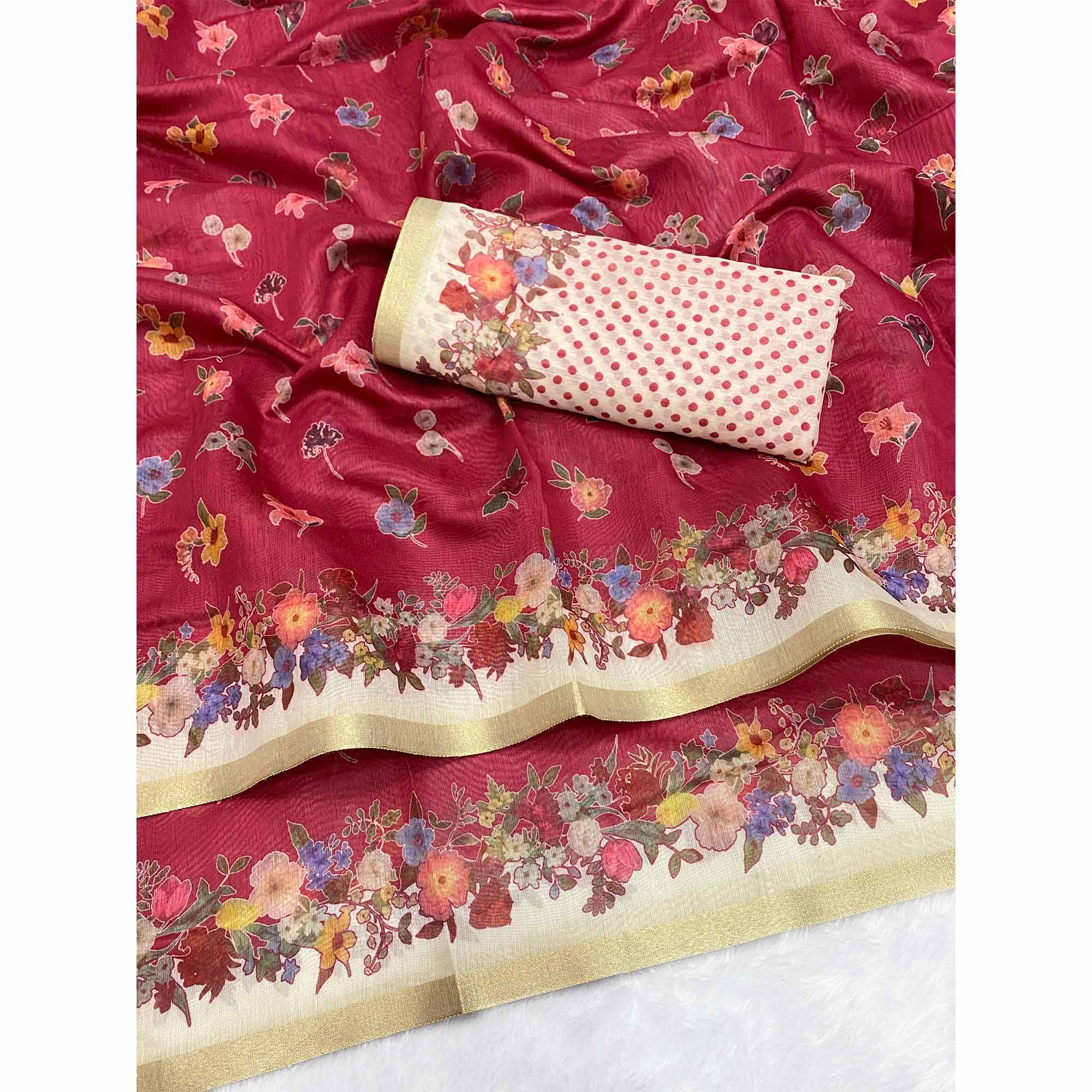 Pink Floral Digital Print Chanderi Cotton Saree Enhanced With Charming Zari Weaving Border - Image 4