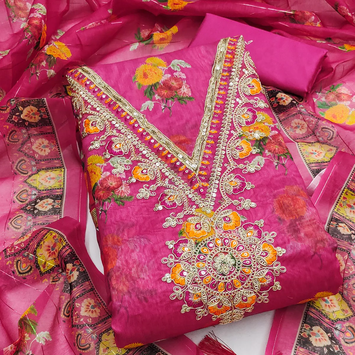 Pink Floral Digital Print Dress Material With Sequins & Cording Embroidery On Chanderi Silk - Image 2