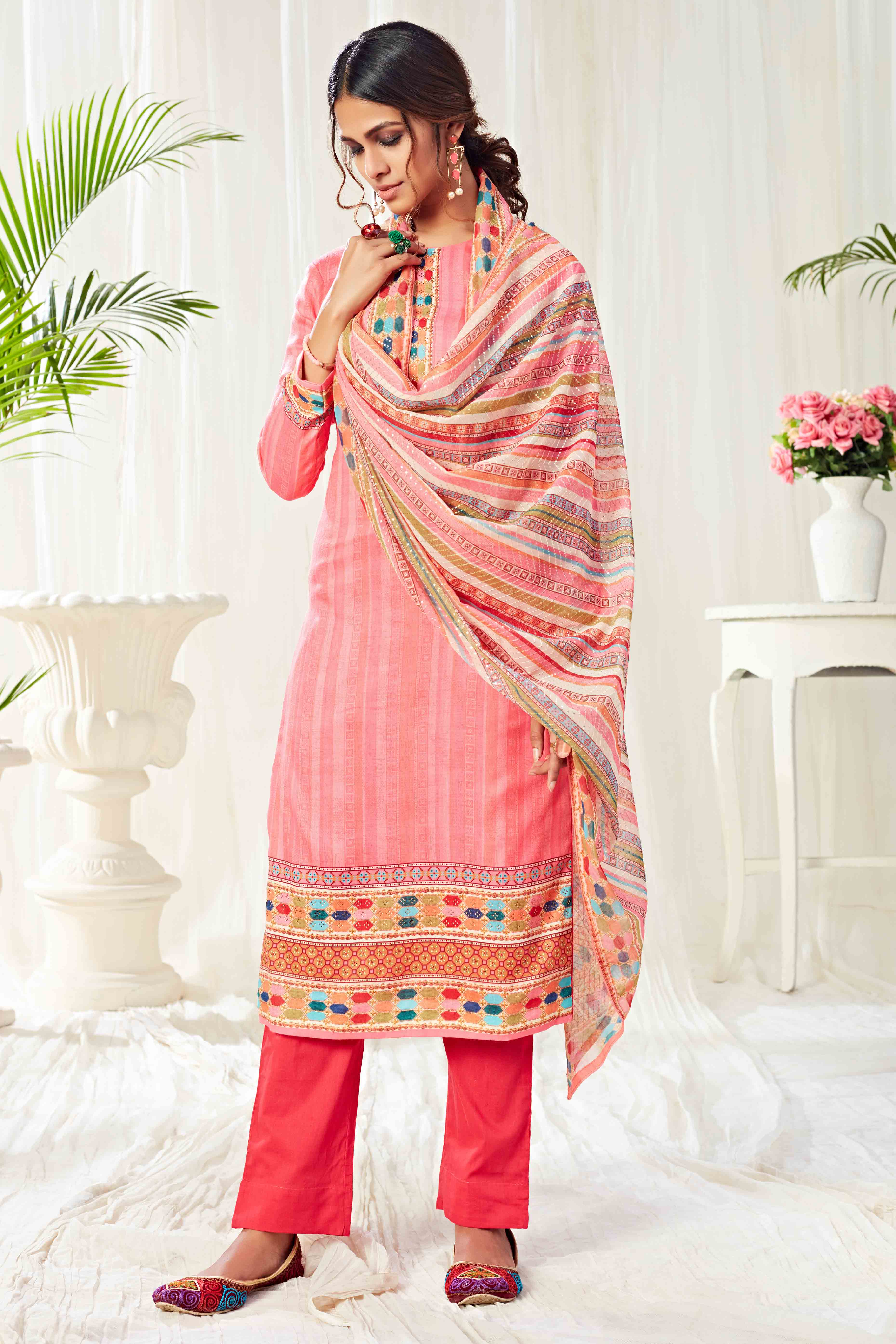 Pink Floral Digital Print Pure Cotton Dress Material With Sparkling Swarovski Embellishments - Image 3