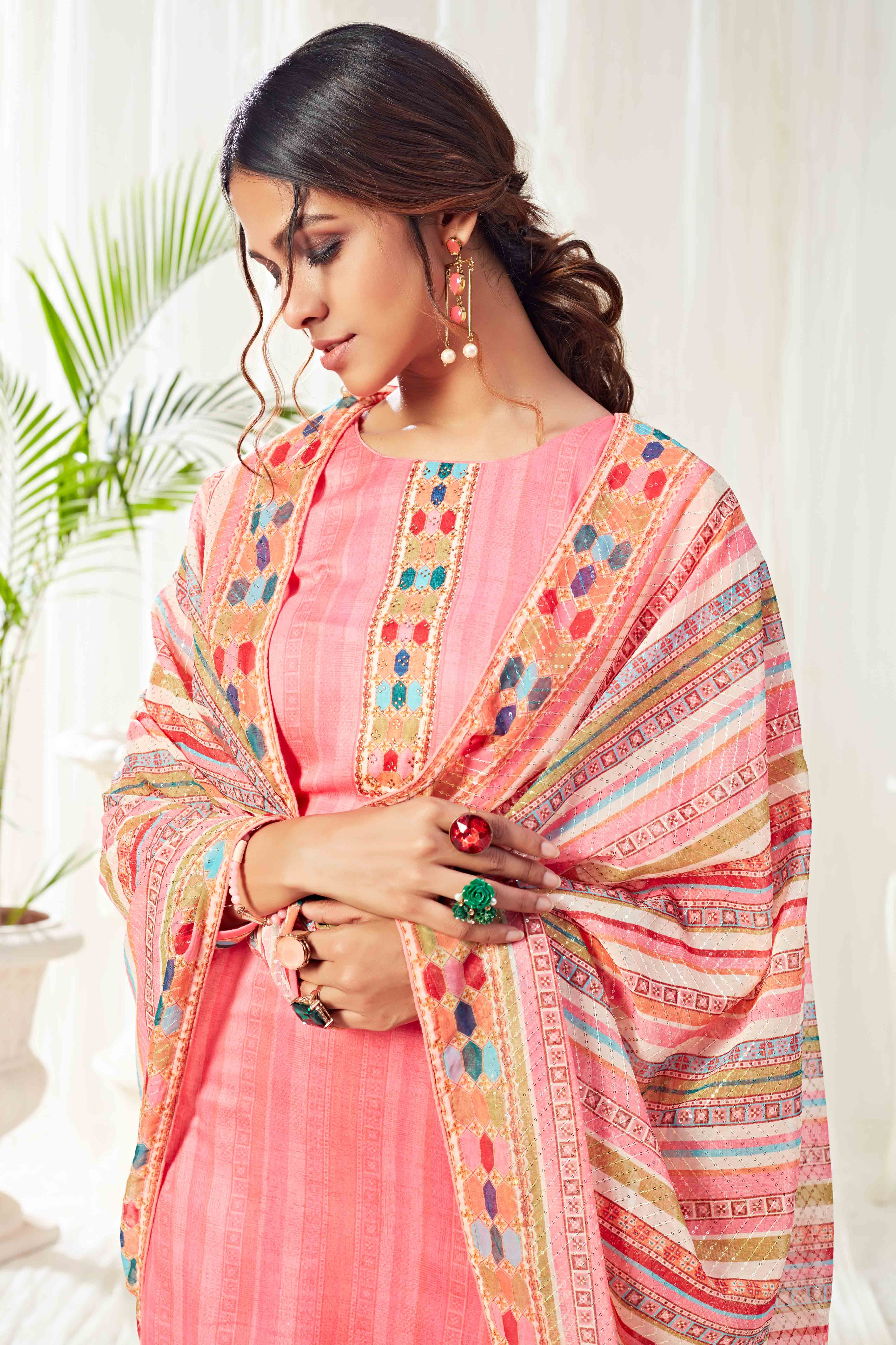 Pink Floral Digital Print Pure Cotton Dress Material With Sparkling Swarovski Embellishments - Image 4