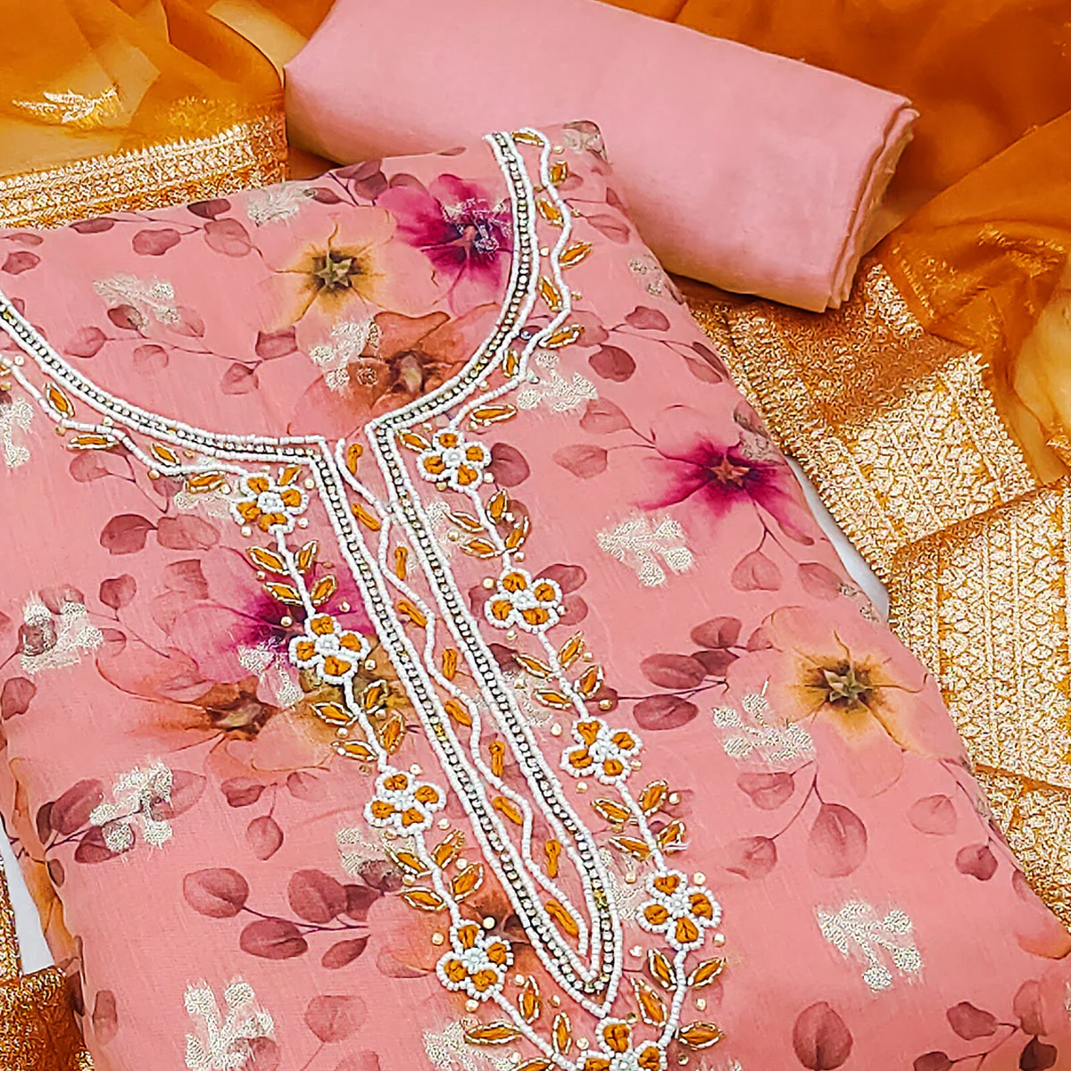 Pink Floral Digital Printed Banarasi Chanderi Silk Dress Material Enhanced With Hand Work - Image 2