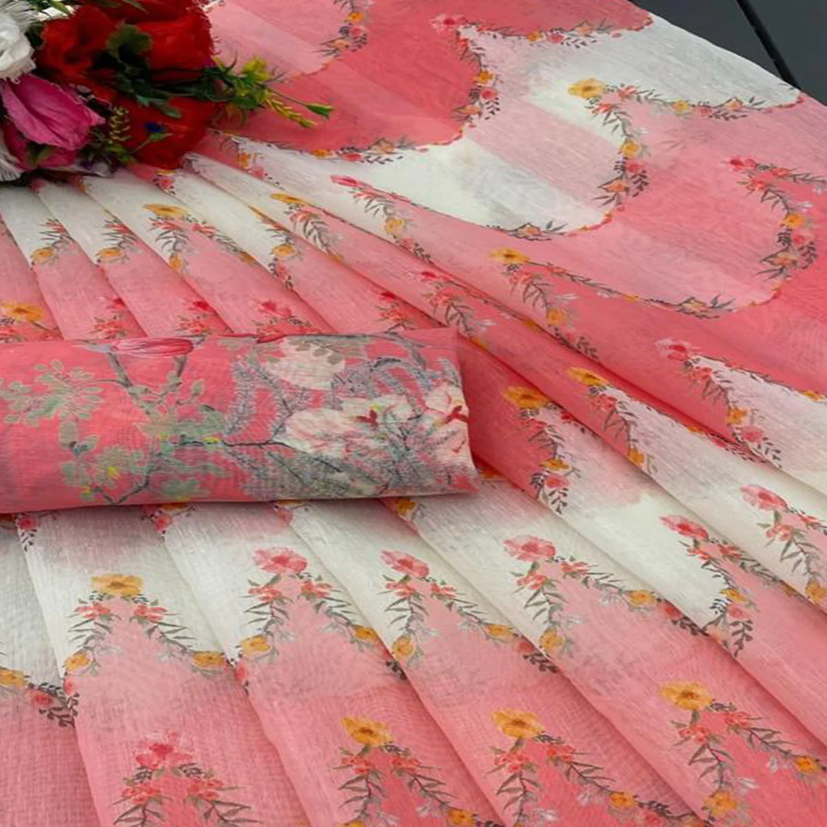Gajari Pink Floral Digital Printed Chanderi Cotton Saree - Image 2