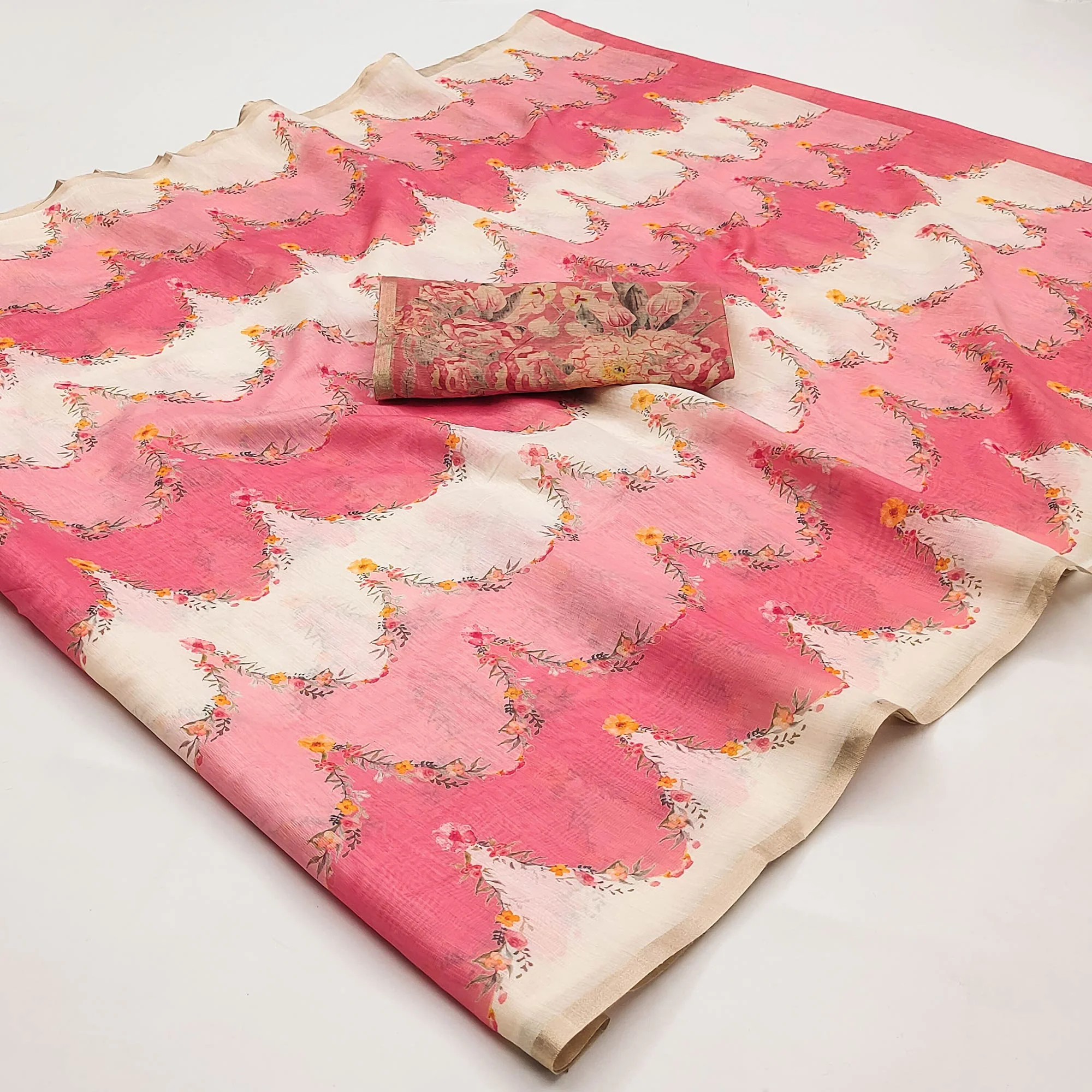 Gajari Pink Floral Digital Printed Chanderi Cotton Saree - Image 3