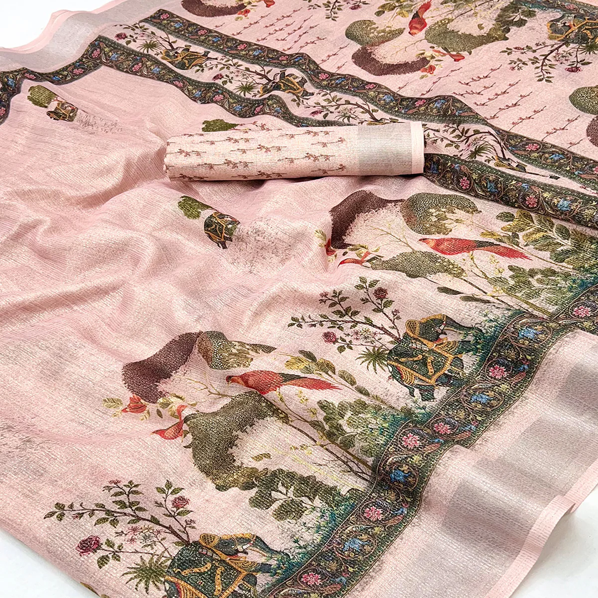 Pink Floral Digital Printed Cotton Blend Weaving Zari Saree With Tassel Pallu - Image 2