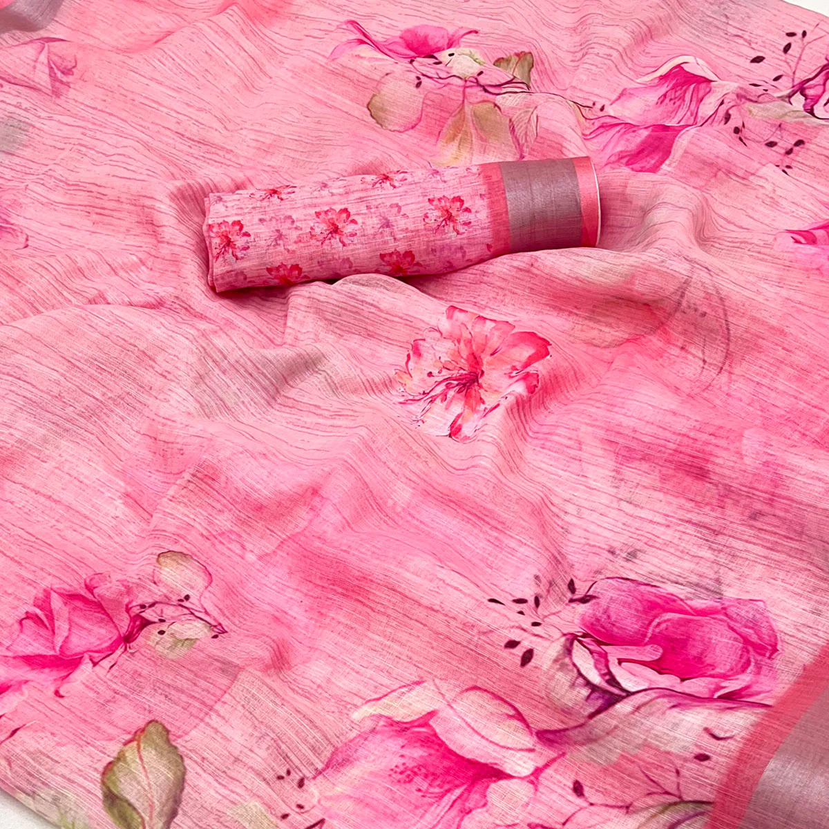 Pink Floral Digital Printed Linen Saree With Zari Border - Image 2