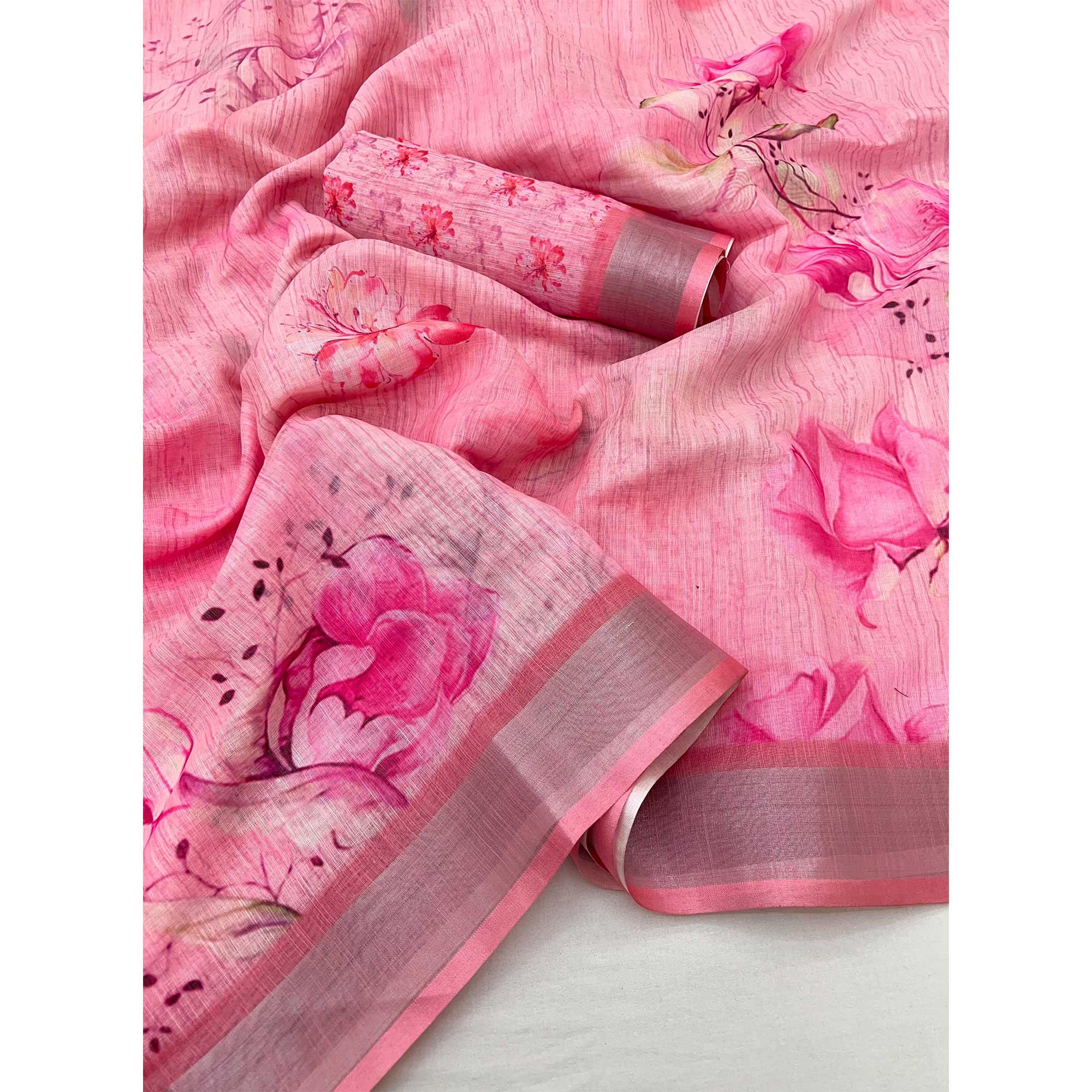 Pink Floral Digital Printed Linen Saree With Zari Border - Image 3