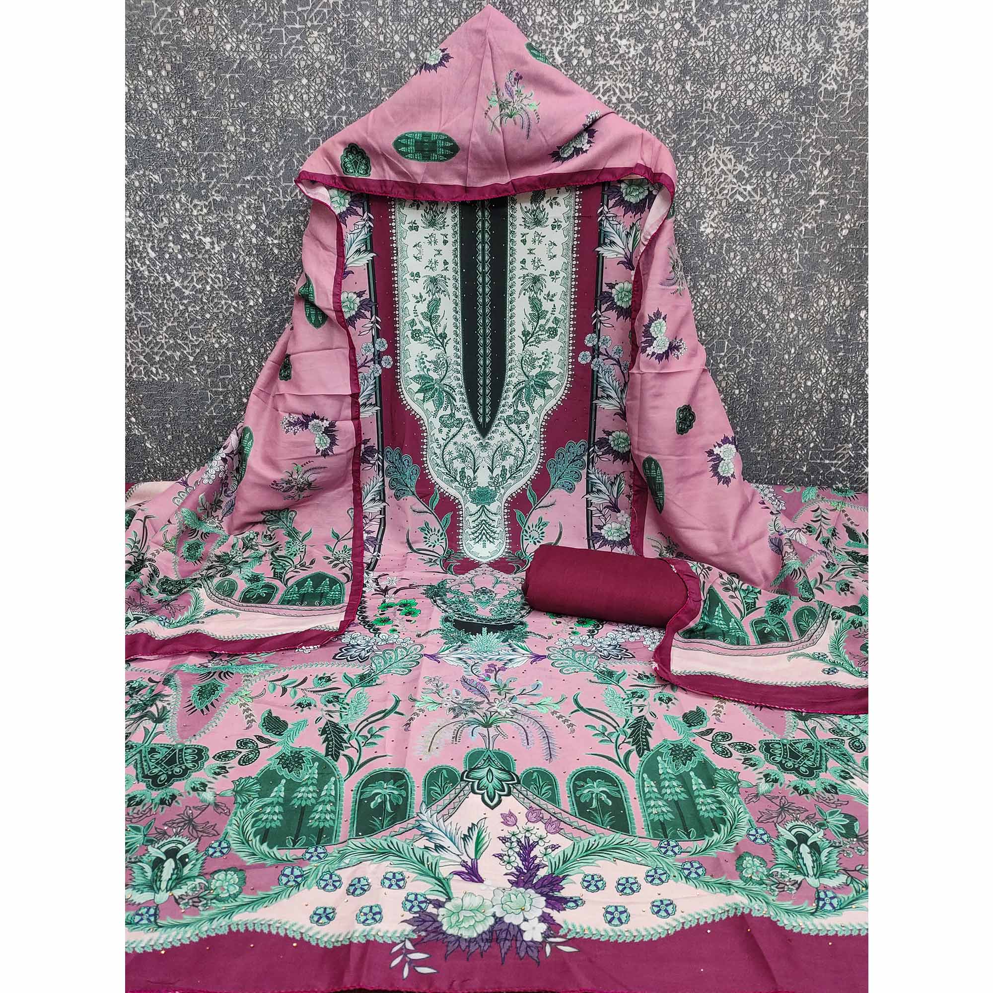 Pink Floral Digital Printed Muslin Dress Material Enhanced With Shimmering Swarovski Work - Image 3