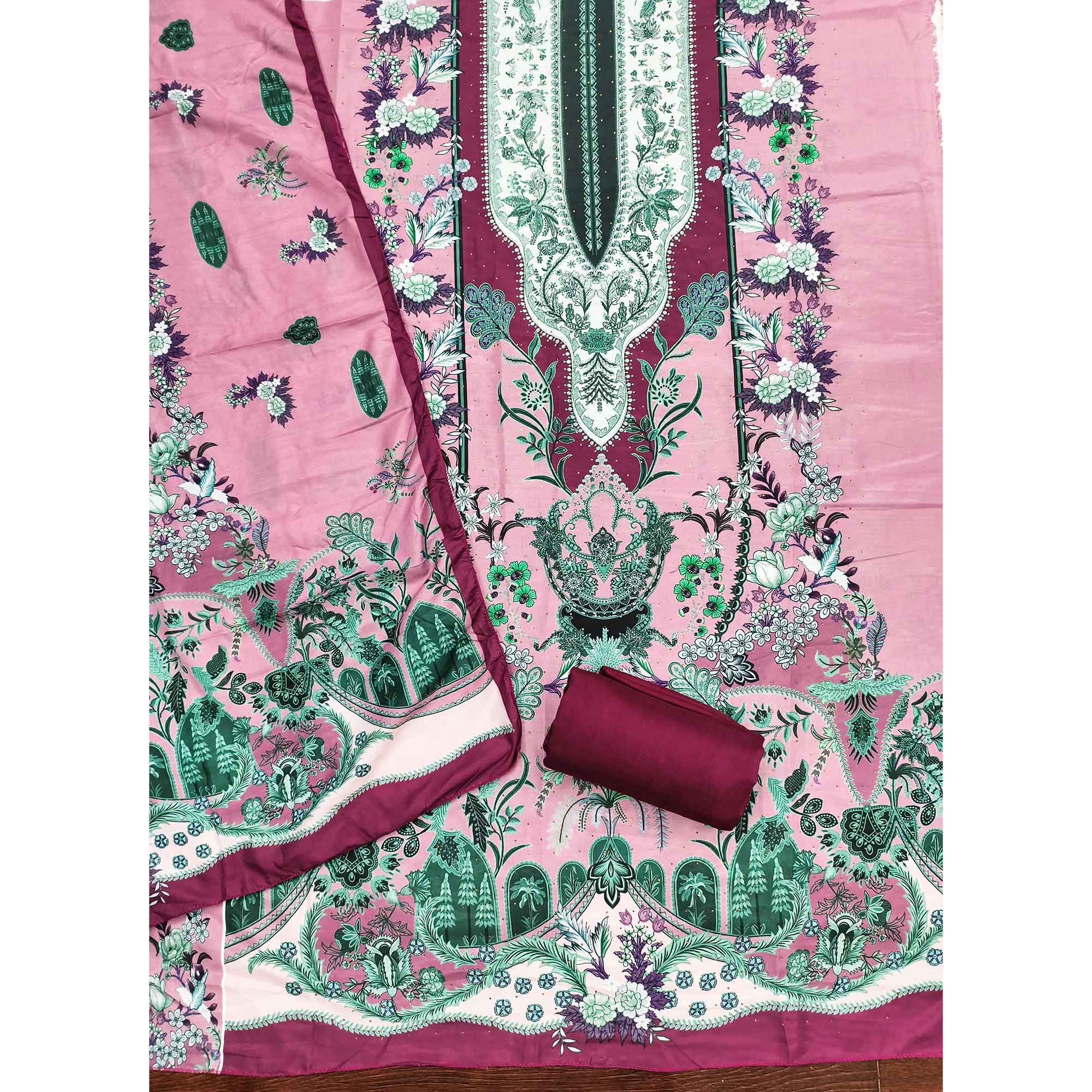 Pink Floral Digital Printed Muslin Dress Material Enhanced With Shimmering Swarovski Work - Image 4