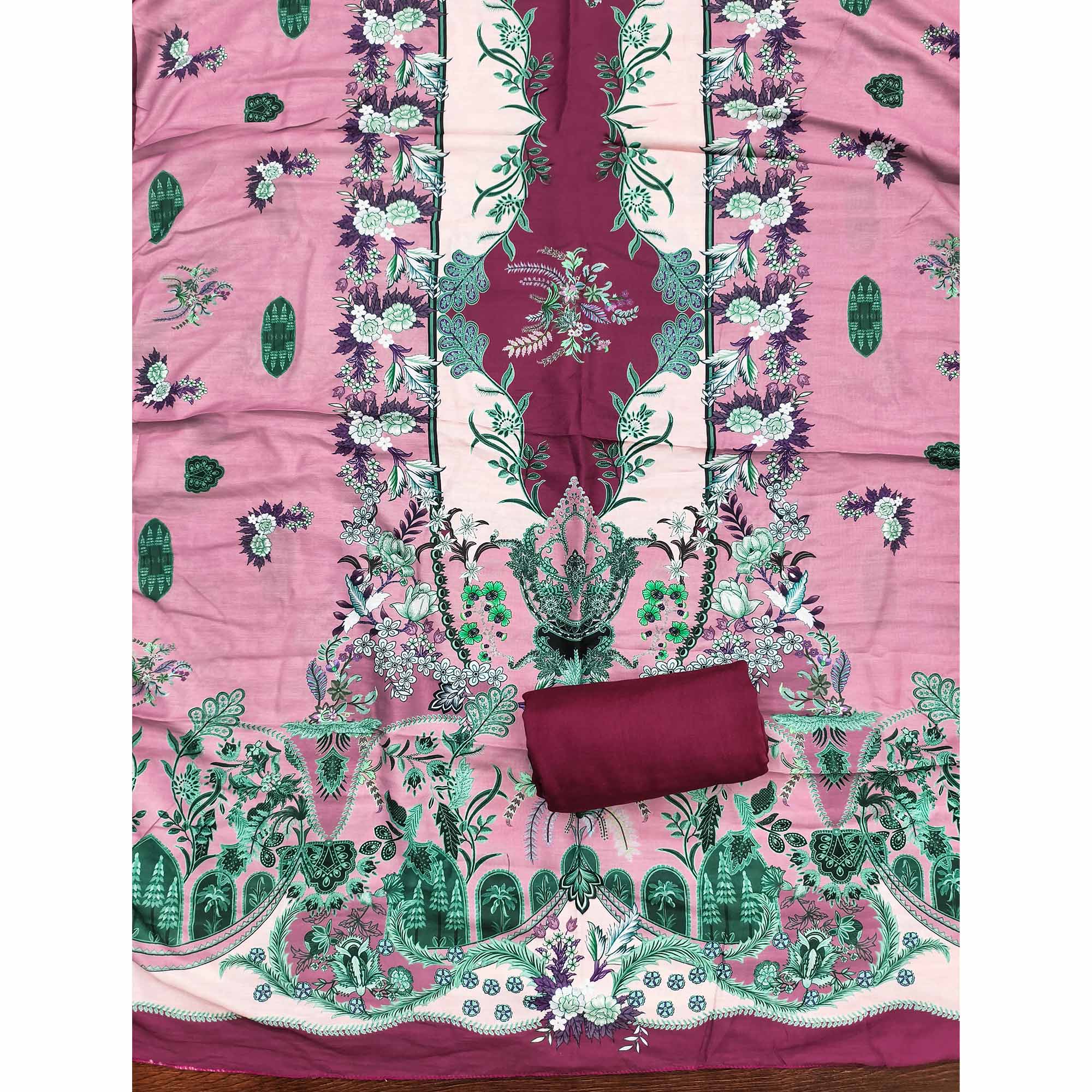 Pink Floral Digital Printed Muslin Dress Material Enhanced With Shimmering Swarovski Work - Image 5