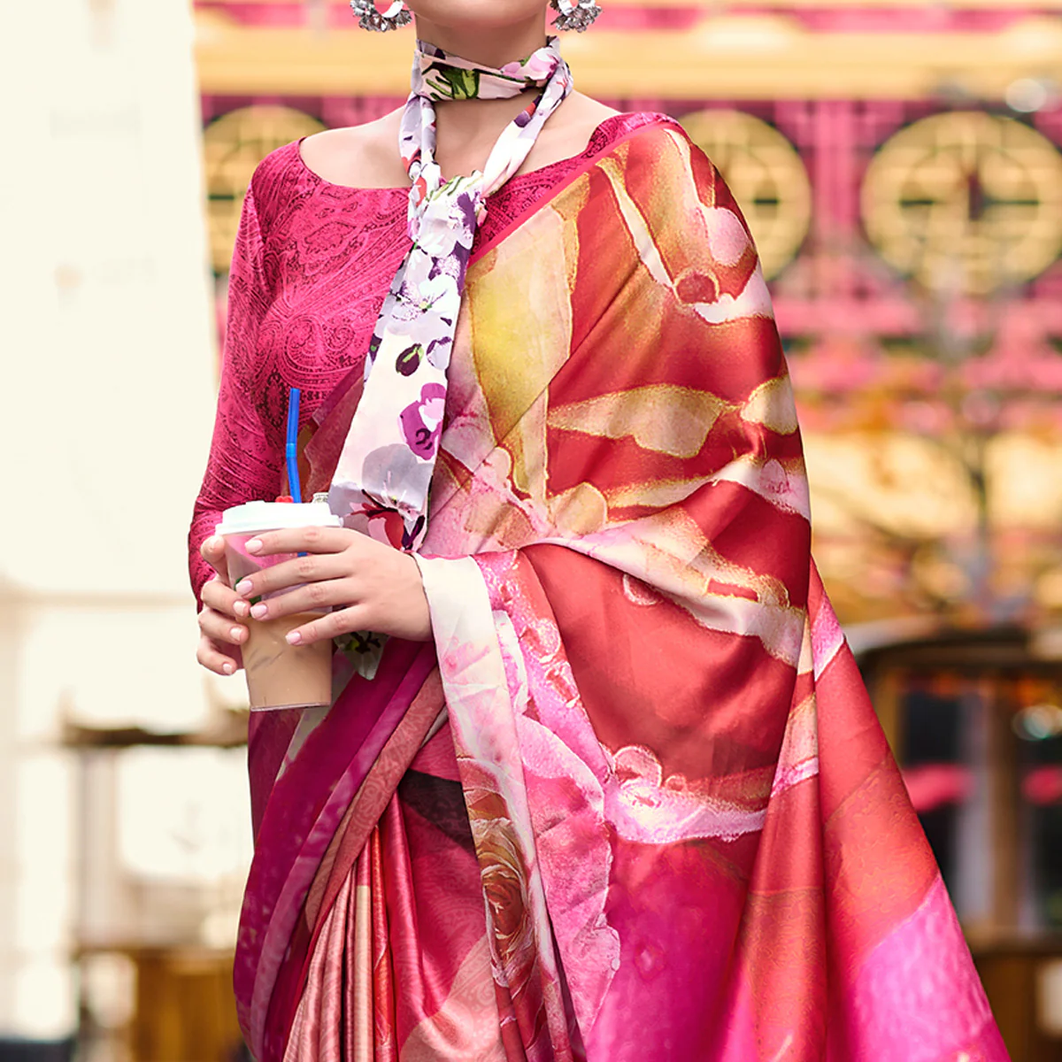 Pink Floral Digital Printed Pure Satin Saree - Image 3