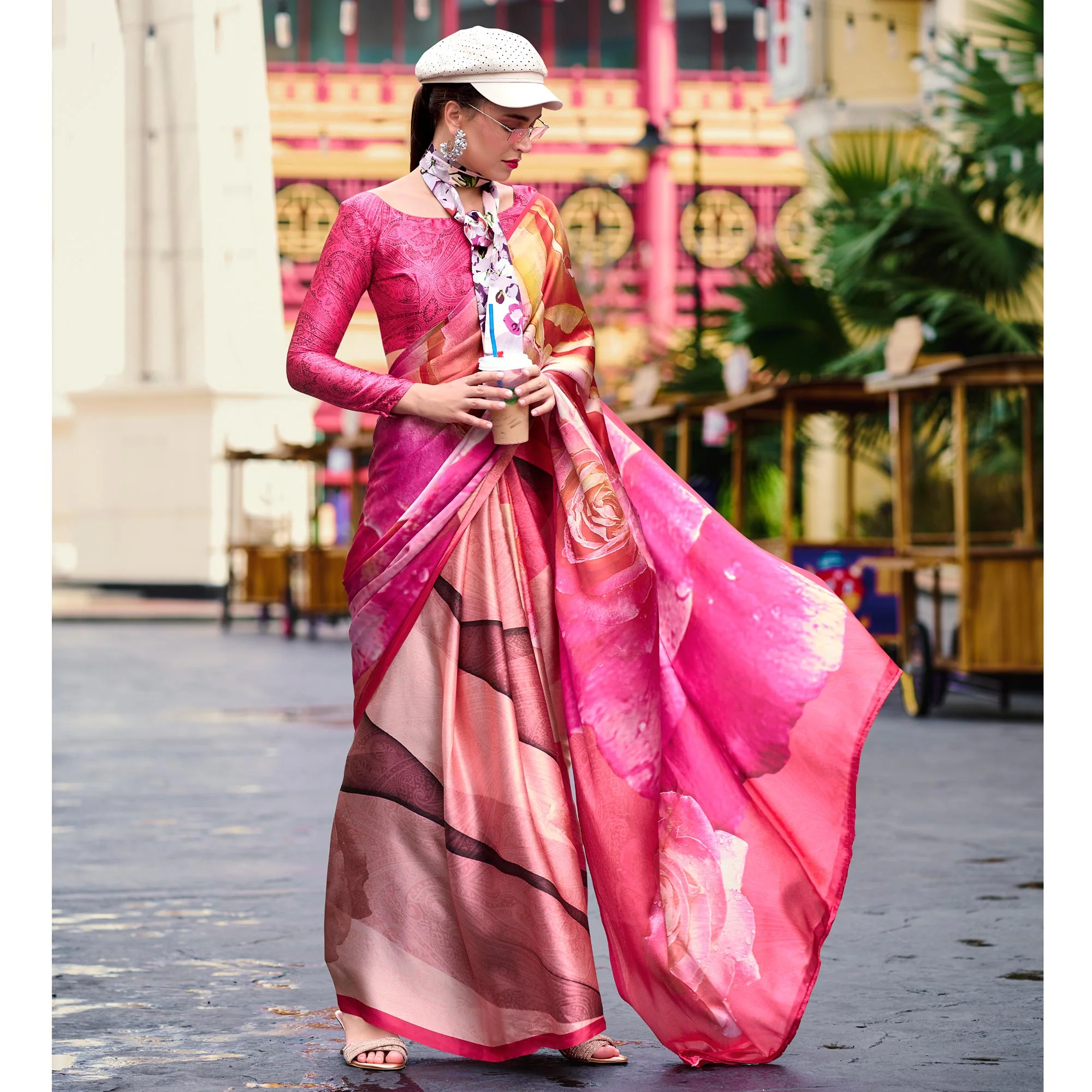 Pink Floral Digital Printed Pure Satin Saree - Image 4