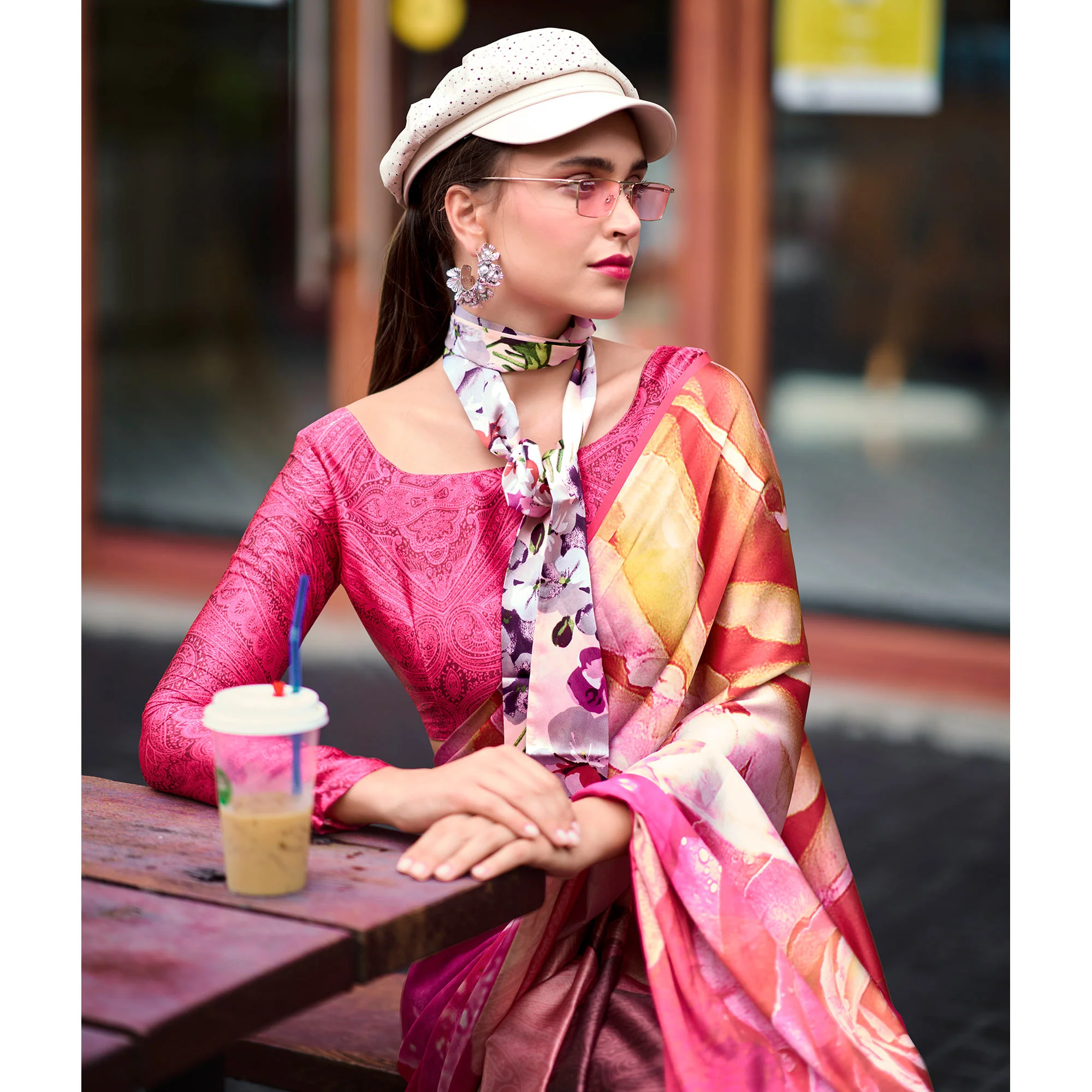 Pink Floral Digital Printed Pure Satin Saree - Image 5