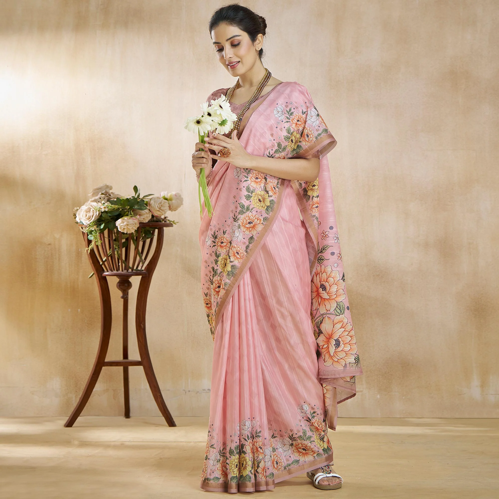 Pink Floral Digital Printed Pure Silk Saree - Image 4