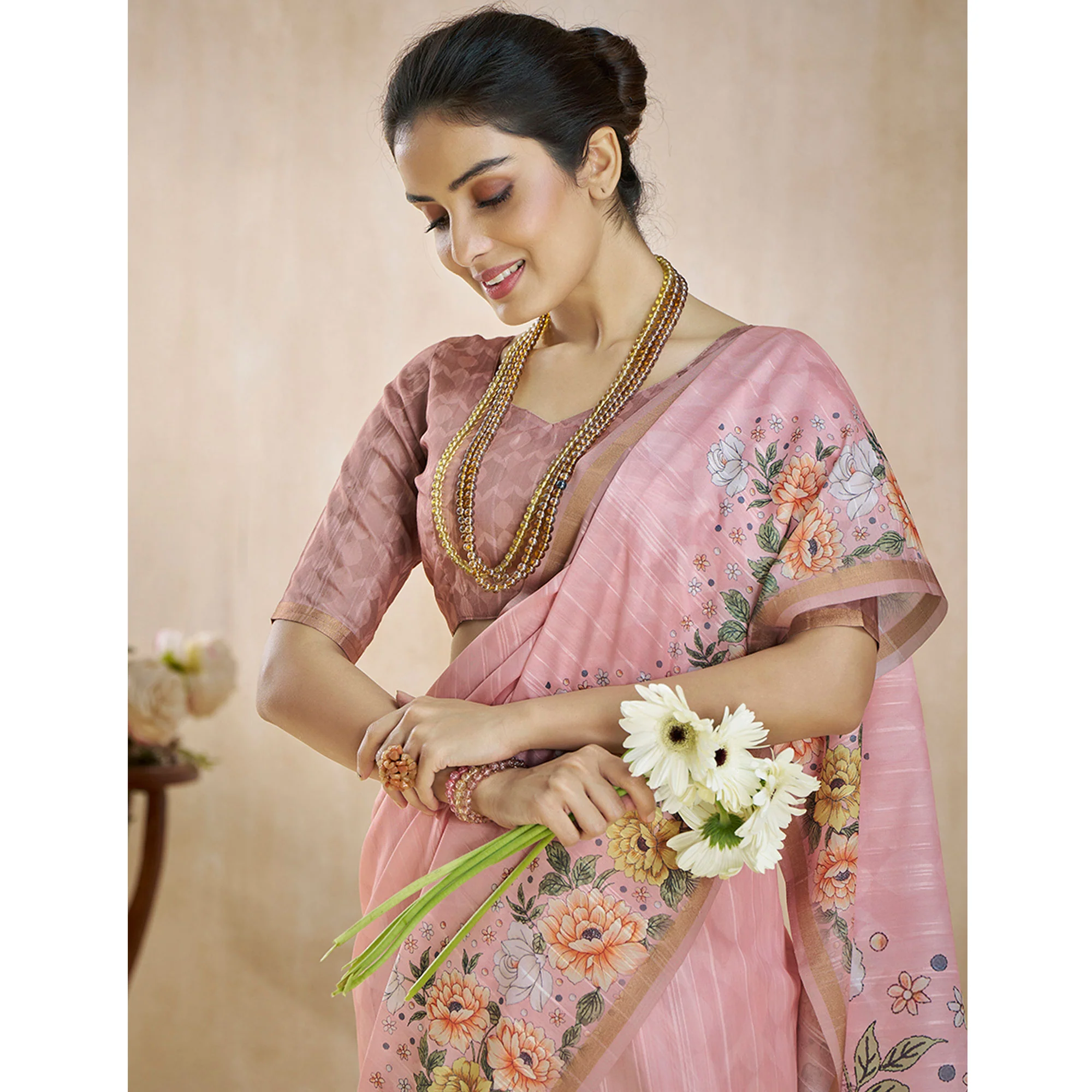 Pink Floral Digital Printed Pure Silk Saree - Image 5