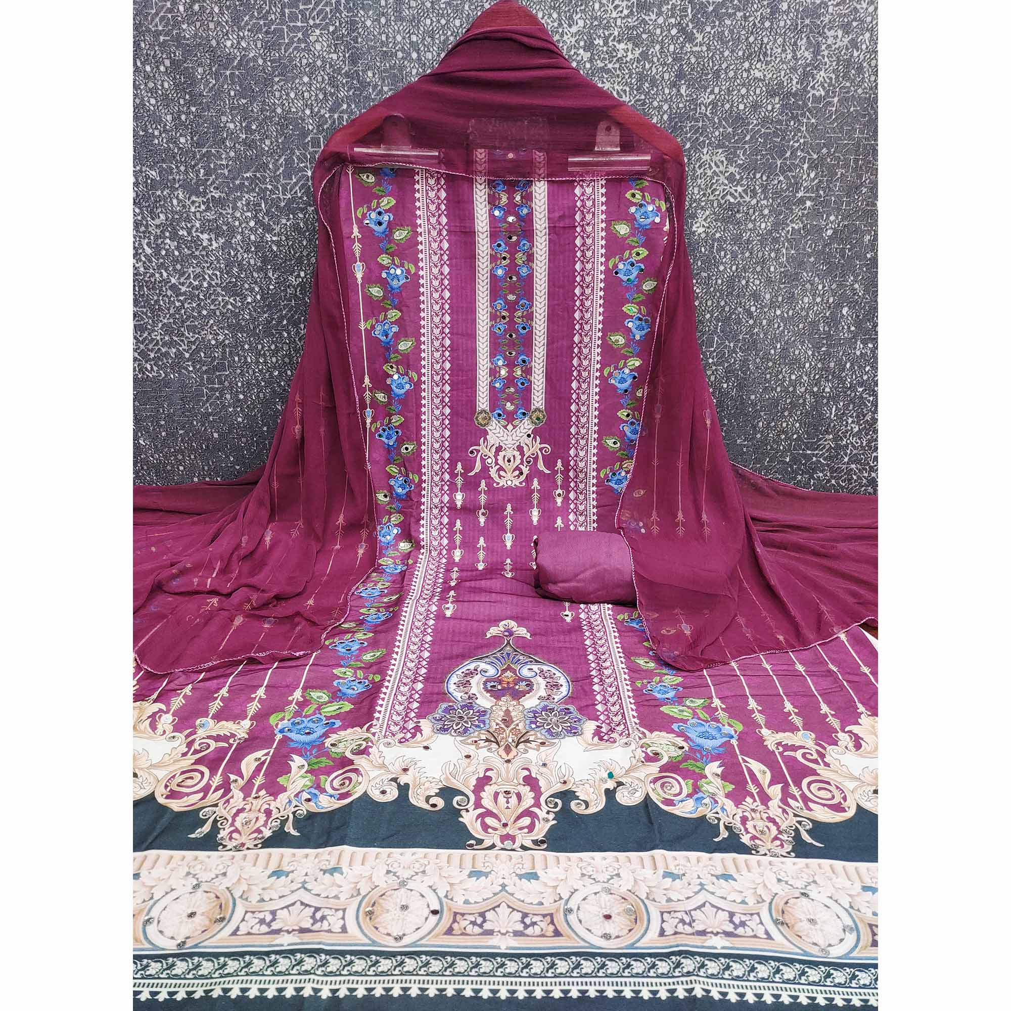 Pink Floral Digital Printed Rayon Dress Material Highlighted With Mirror Work - Image 3