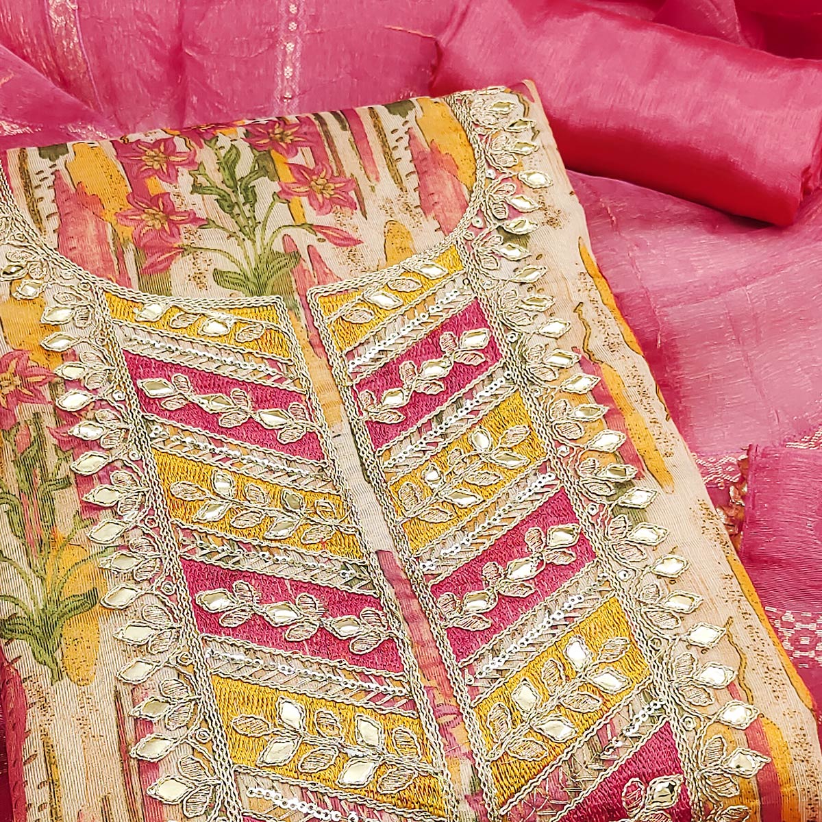 Pink Floral Digital Printed Shimmer Silk Dress Material With Elegant Embroidery & Gota Patti Work - Image 2