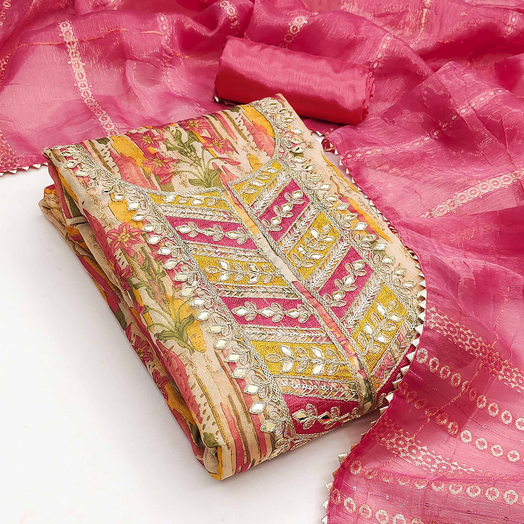 Pink Floral Digital Printed Shimmer Silk Dress Material With Elegant Embroidery & Gota Patti Work - Image 3