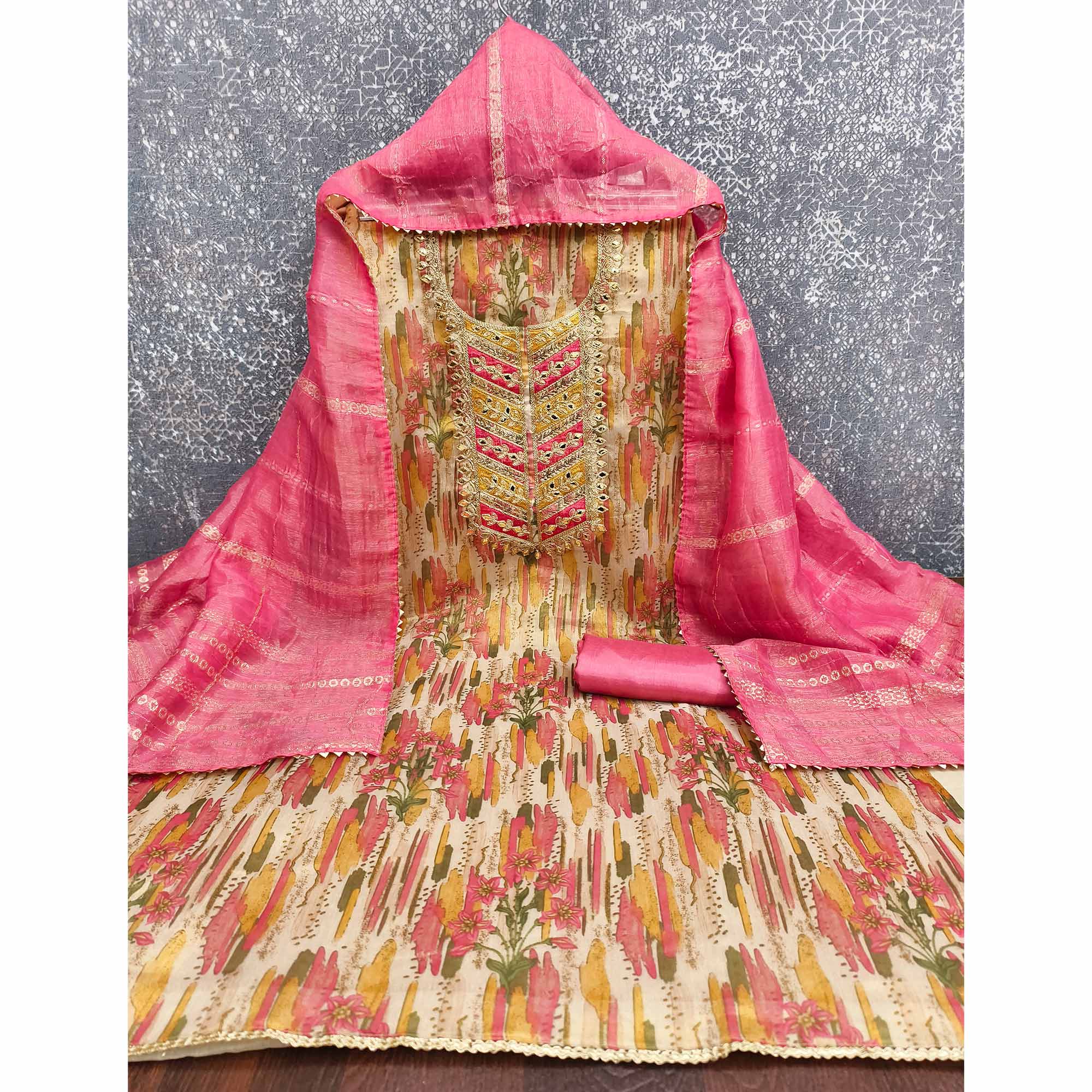 Pink Floral Digital Printed Shimmer Silk Dress Material With Elegant Embroidery & Gota Patti Work - Image 4