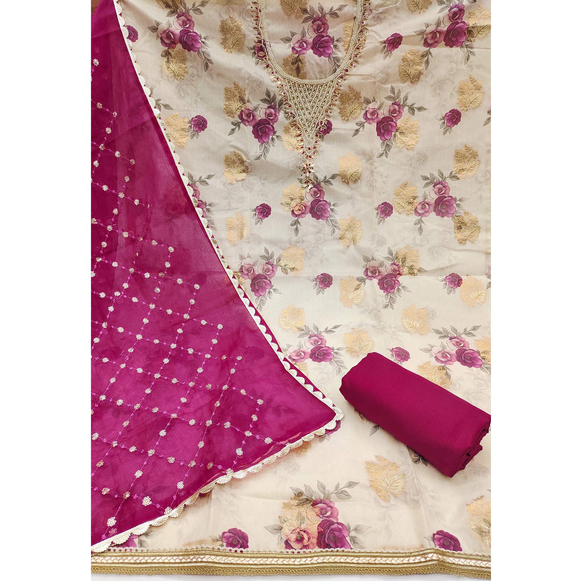 Pink Floral Digital Printed With Handwork Viscose Banarasi Dress Material - Image 4