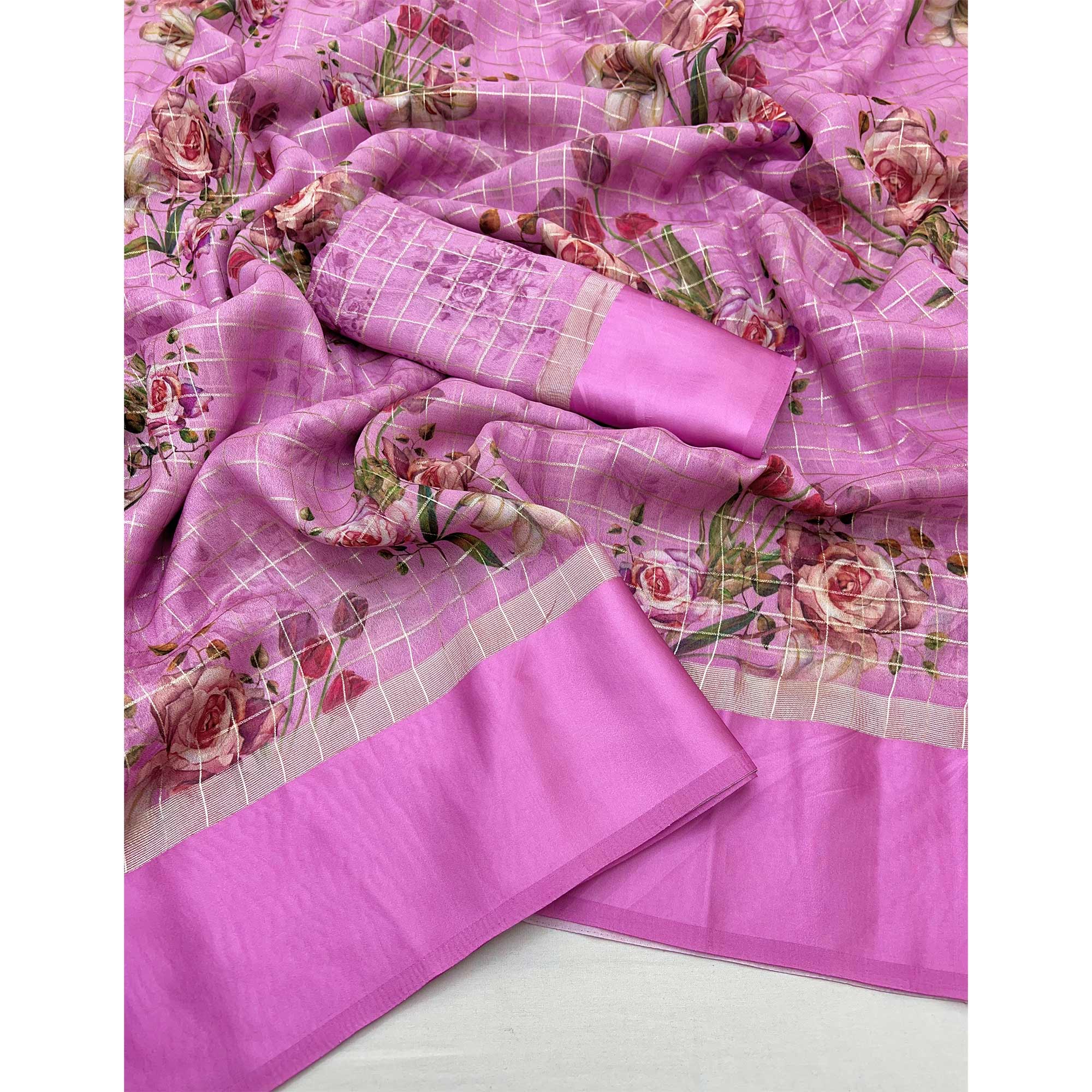 Pink Floral Digital Printed With Zari Woven Georgette Saree - Image 3