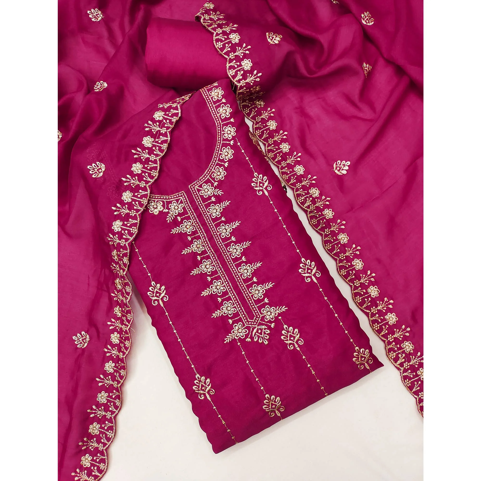 Pink Floral Elegance Zari Embroidered Vichitra Silk Dress Material - Image 3