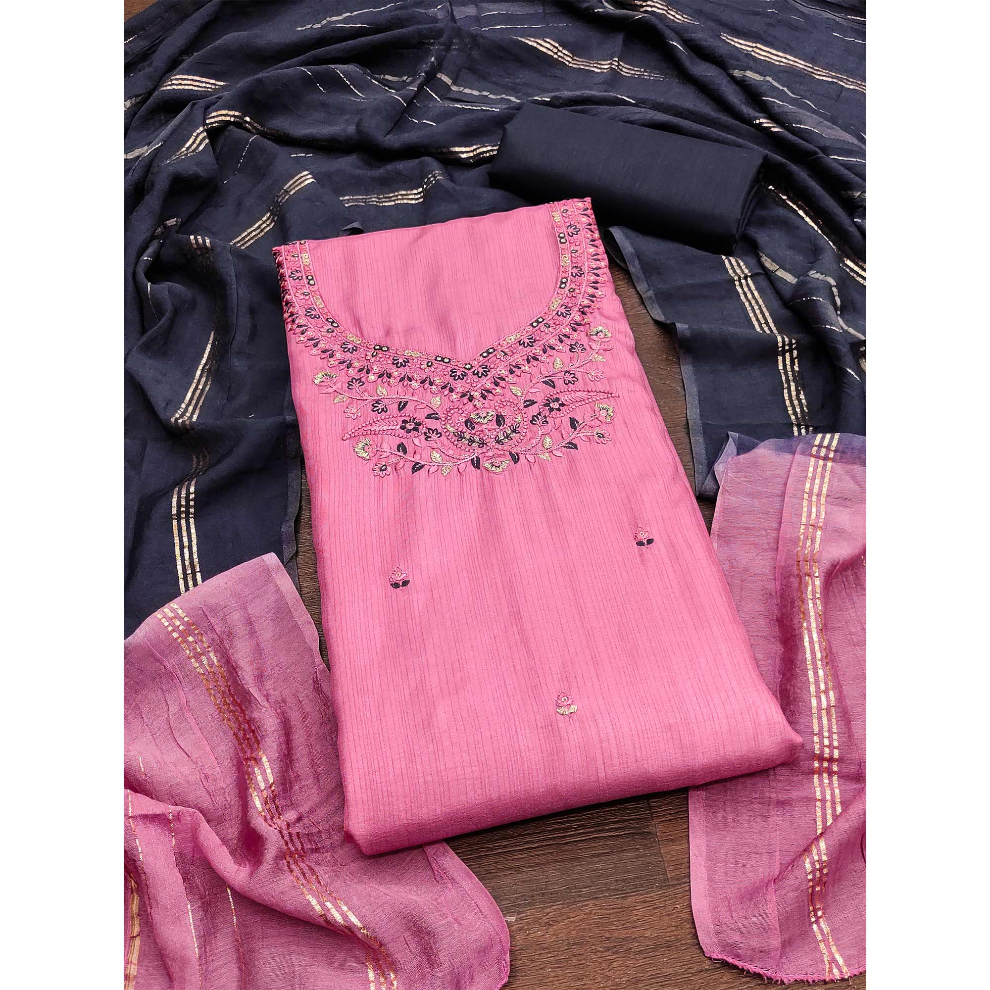 Pink Floral Embroidered Art Silk Dress Material - Image 3