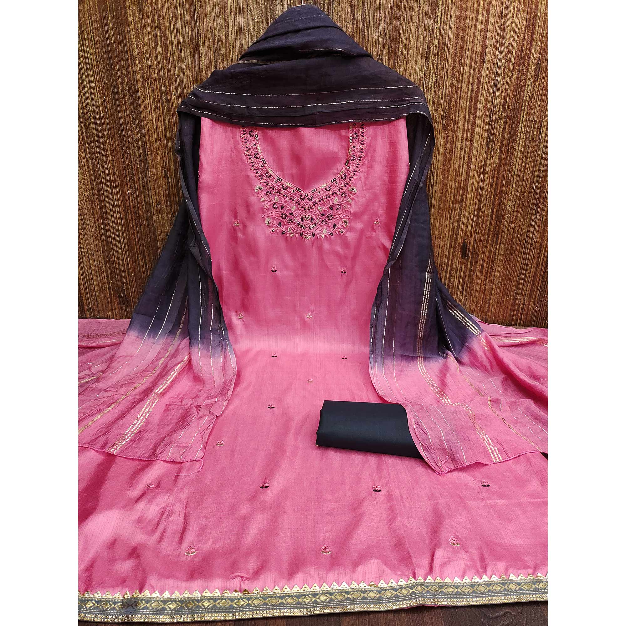 Pink Floral Embroidered Art Silk Dress Material - Image 4