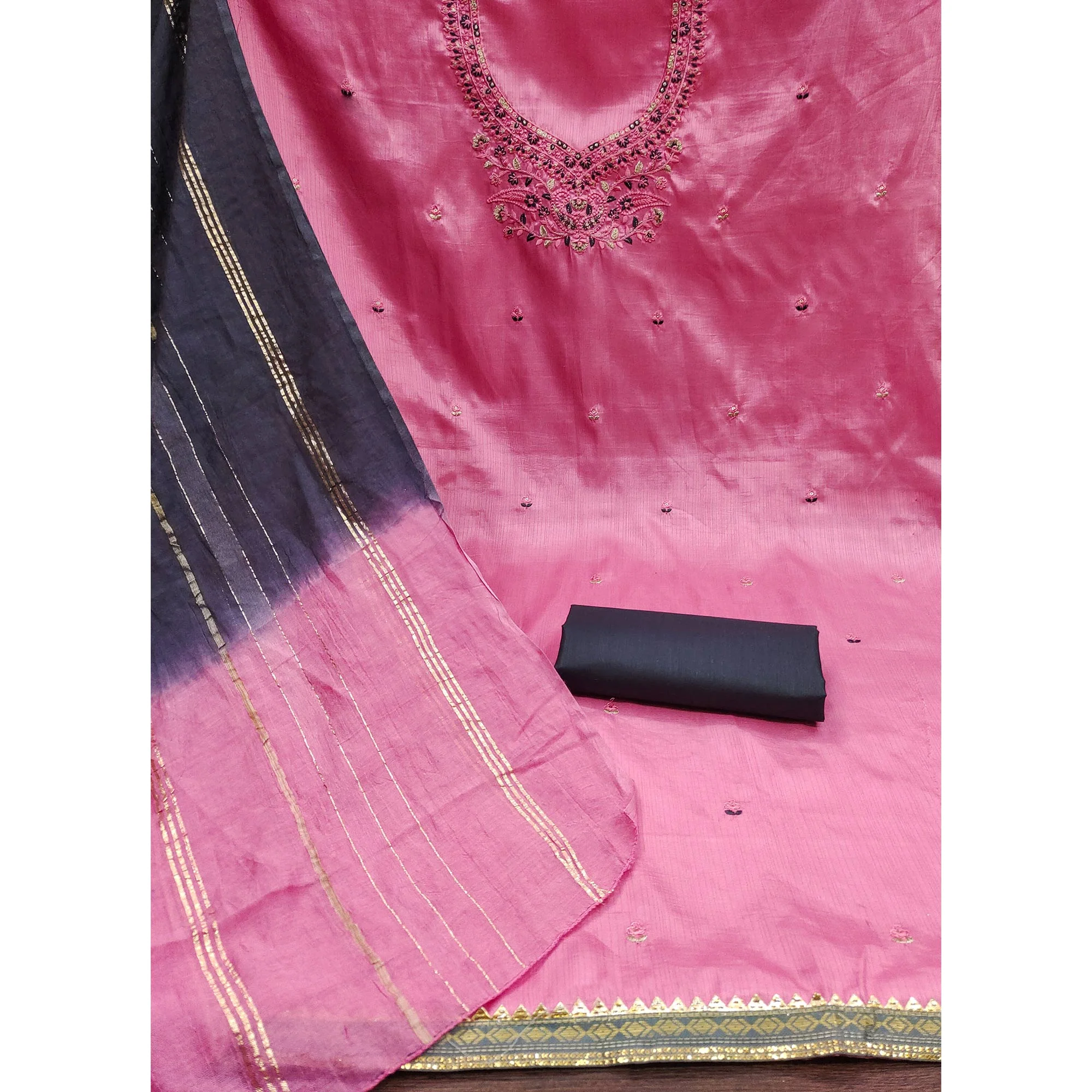 Pink Floral Embroidered Art Silk Dress Material - Image 5