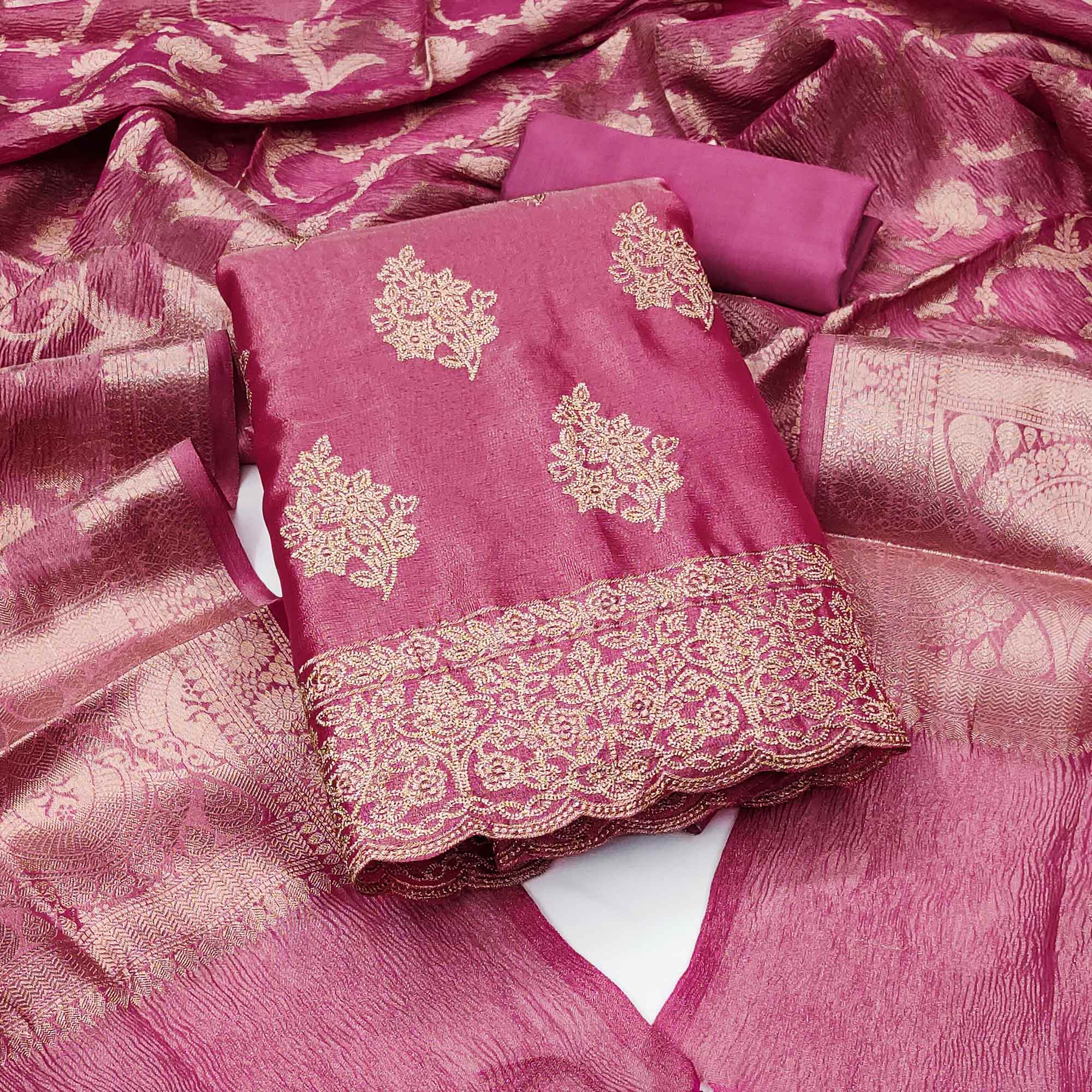 Pink Floral Embroidered Banarasi Silk Shimmer Crush Dress Material - Image 2