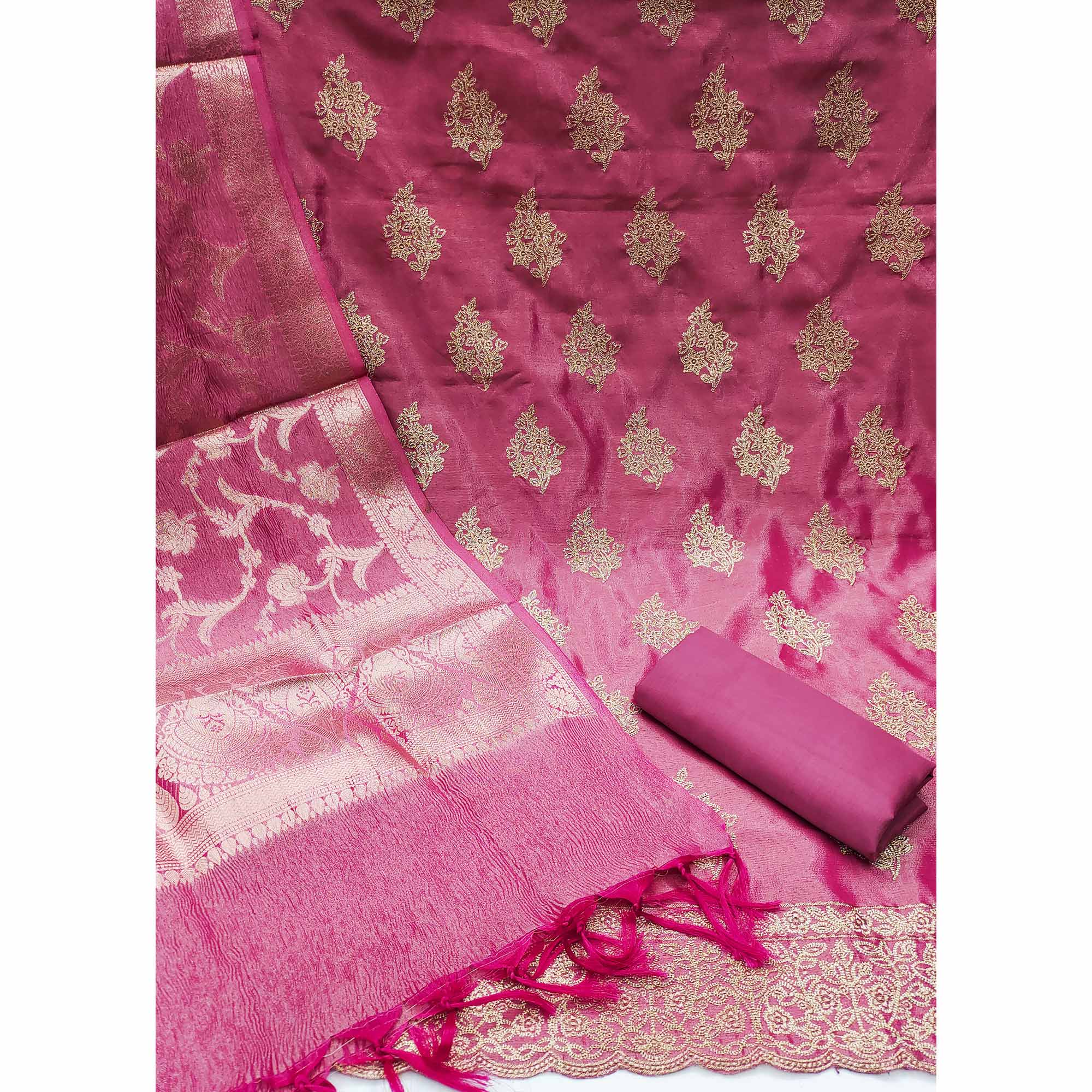 Pink Floral Embroidered Banarasi Silk Shimmer Crush Dress Material - Image 3