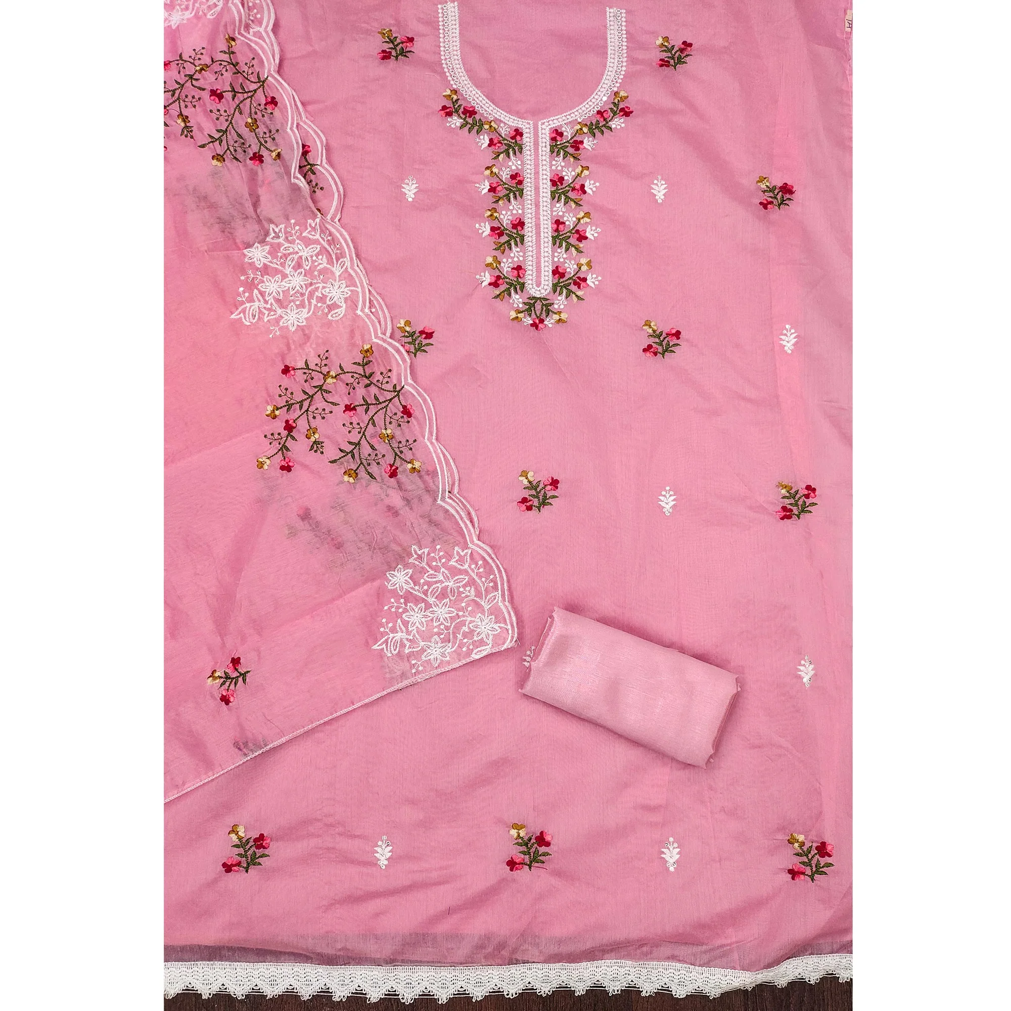 Pink Floral Embroidered Chanderi Cotton Dress Material - Image 4