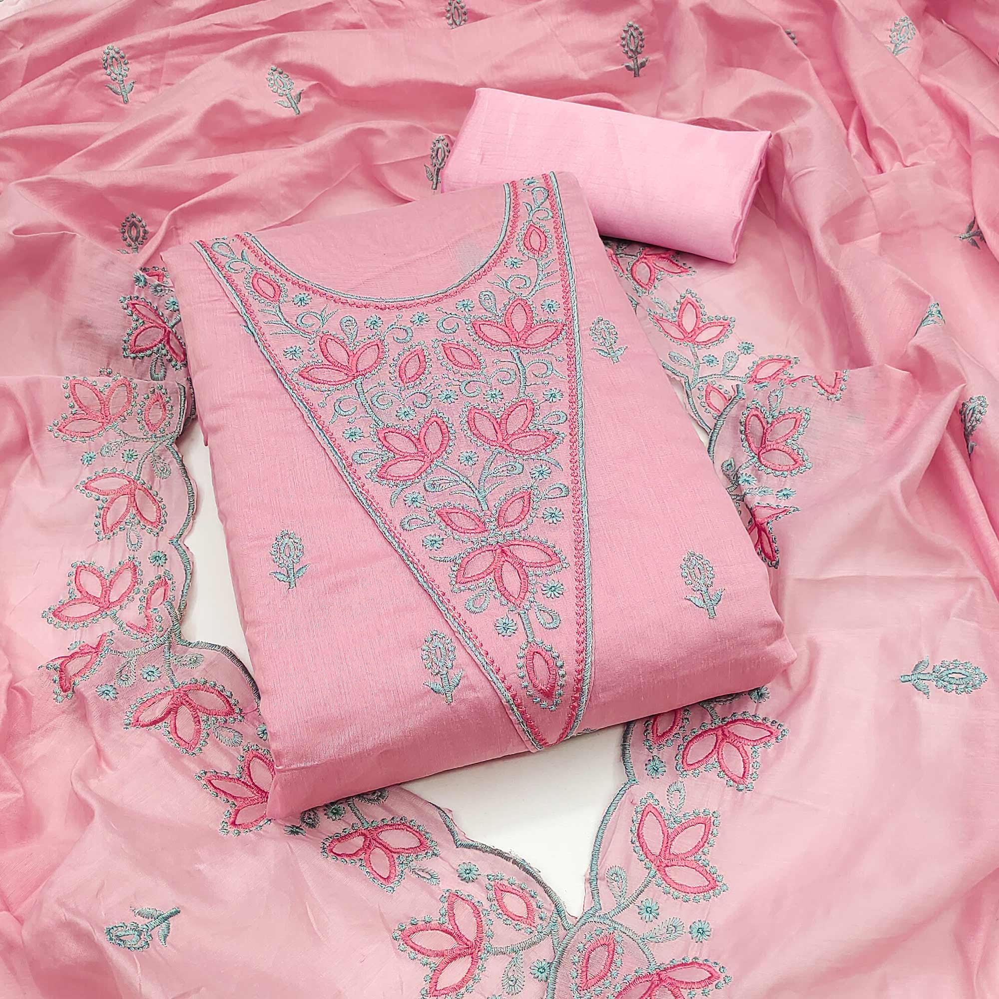 Pink Floral Embroidered Chanderi Dress Material - Image 3