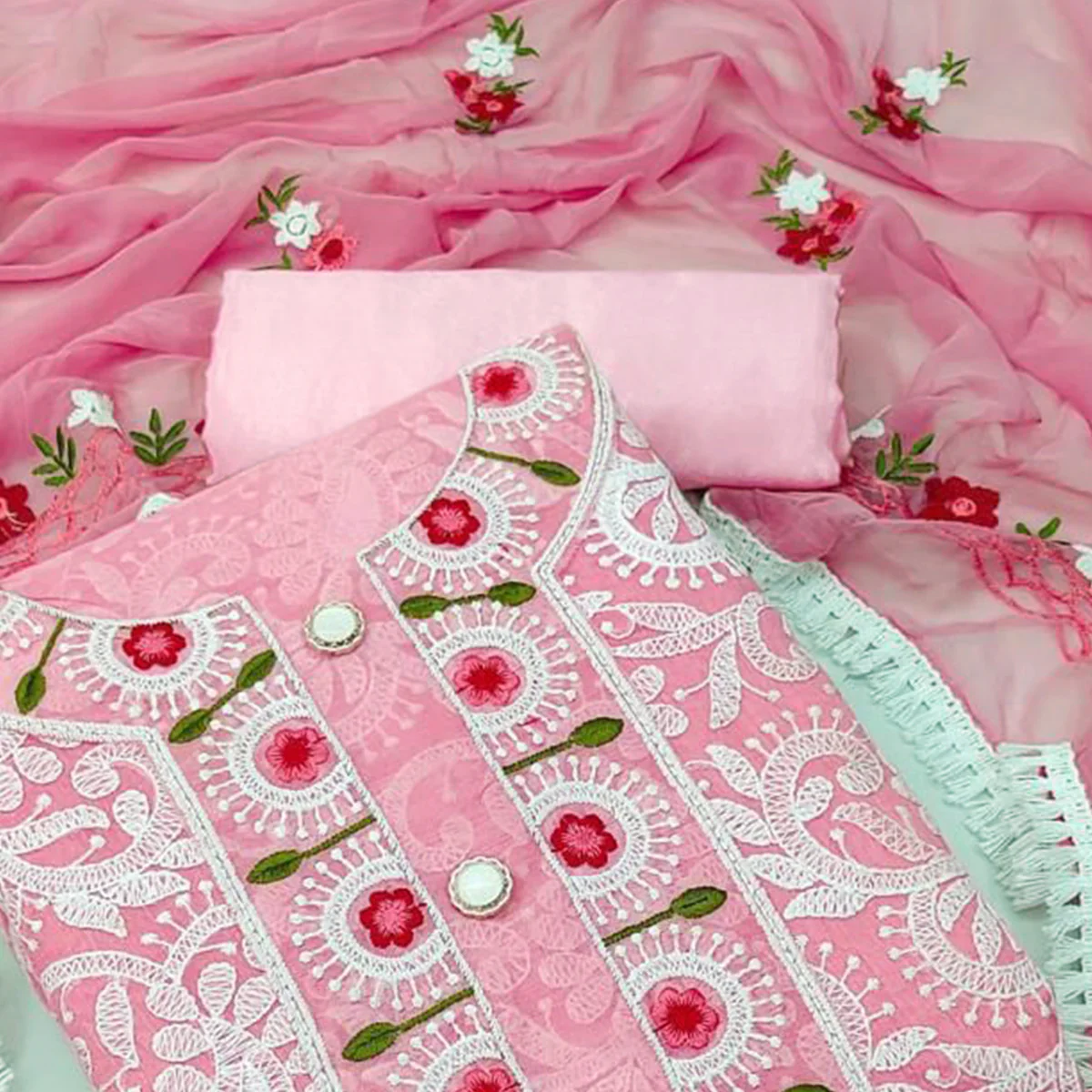 Pink Floral Embroidered Chanderi Dress Material - Image 2