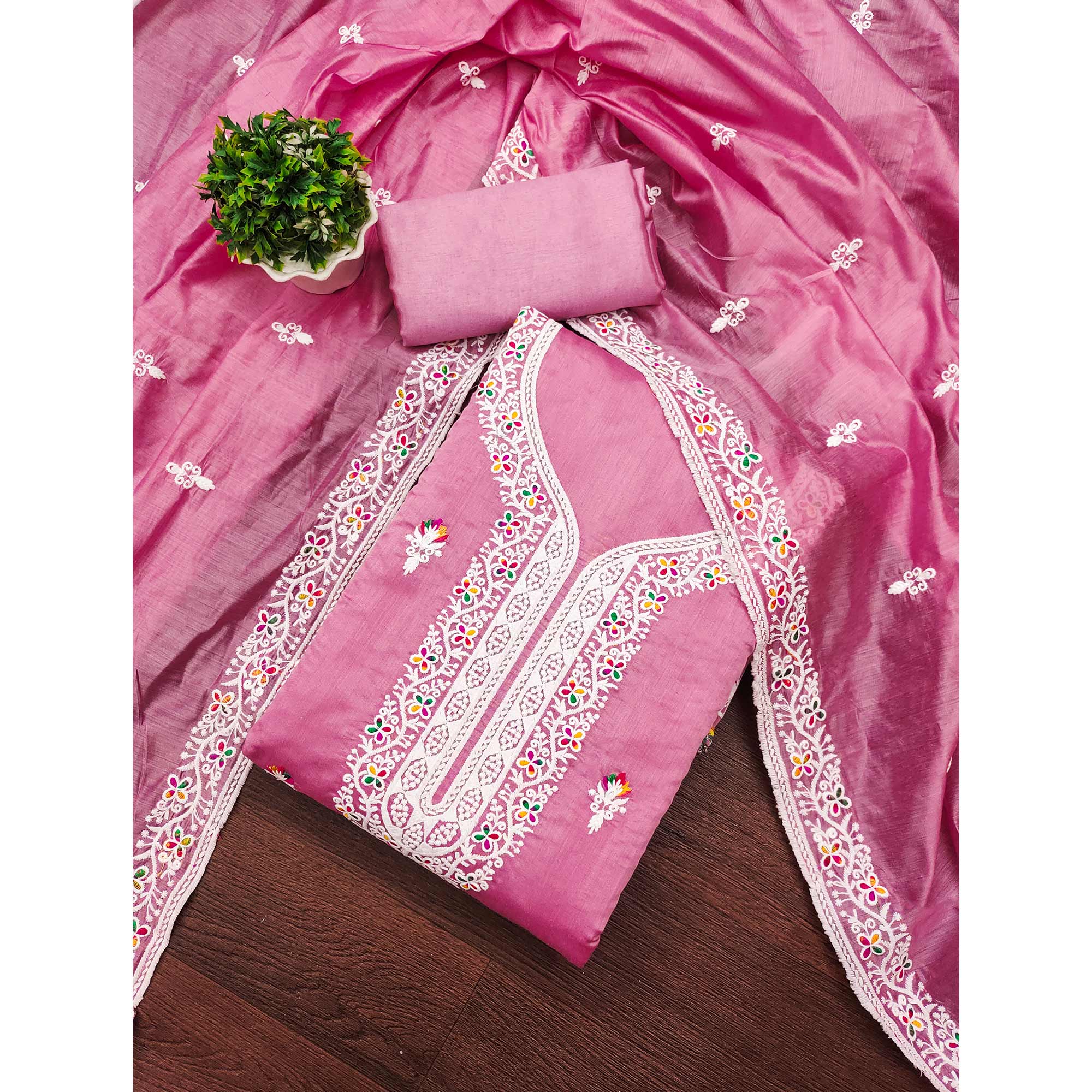 Pink Floral Embroidered Chanderi Dress Material - Image 3
