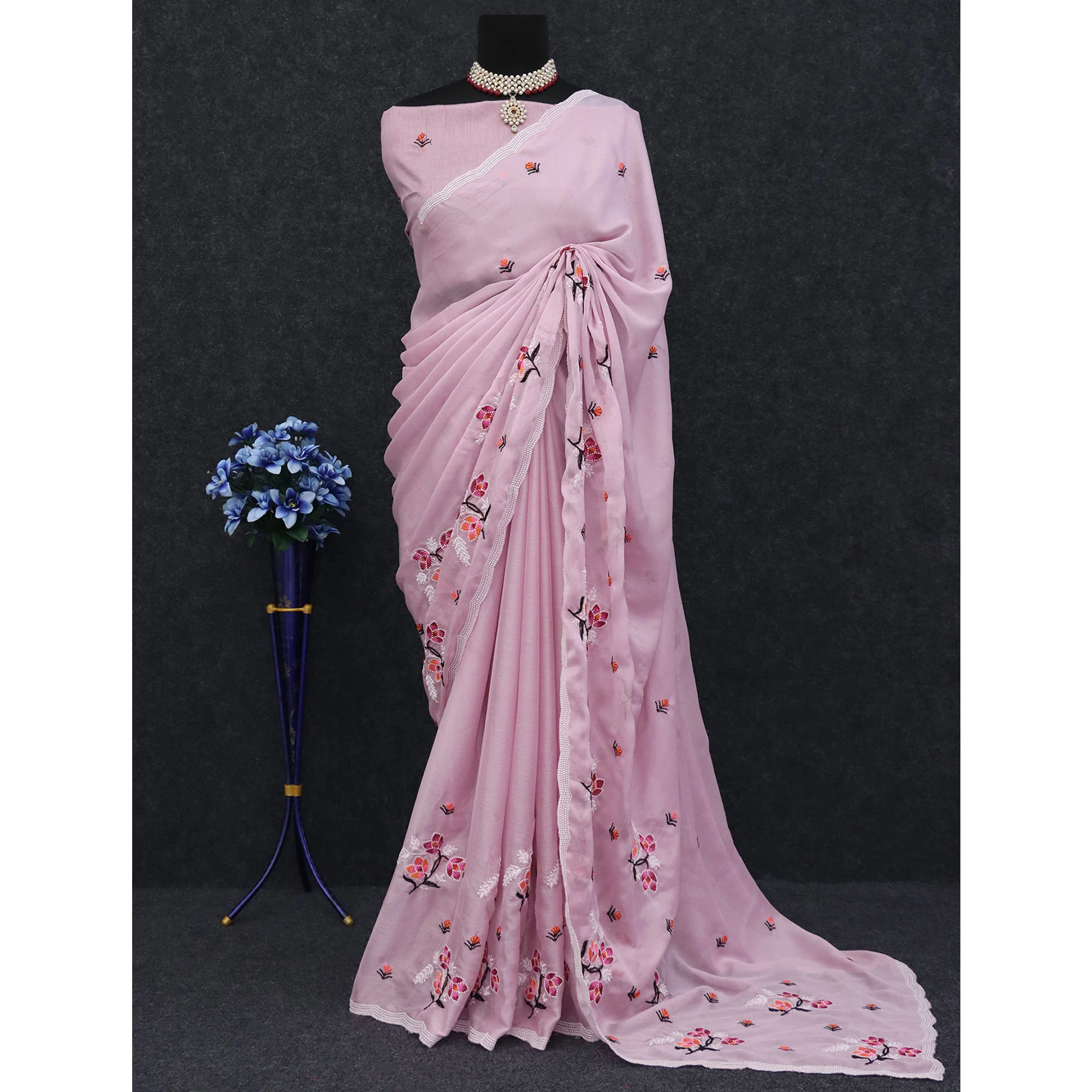 Pink Floral Embroidered Chiffon Saree - Image 6