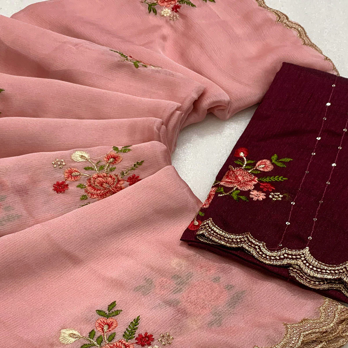 Pink Floral Embroidered Chiffon Saree - Image 2