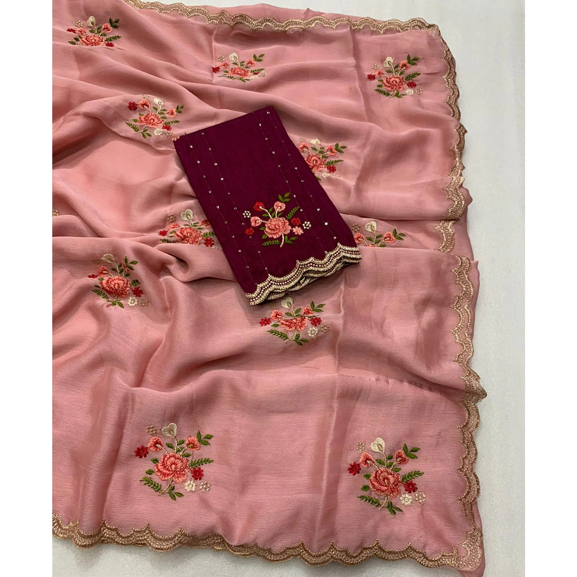 Pink Floral Embroidered Chiffon Saree - Image 3