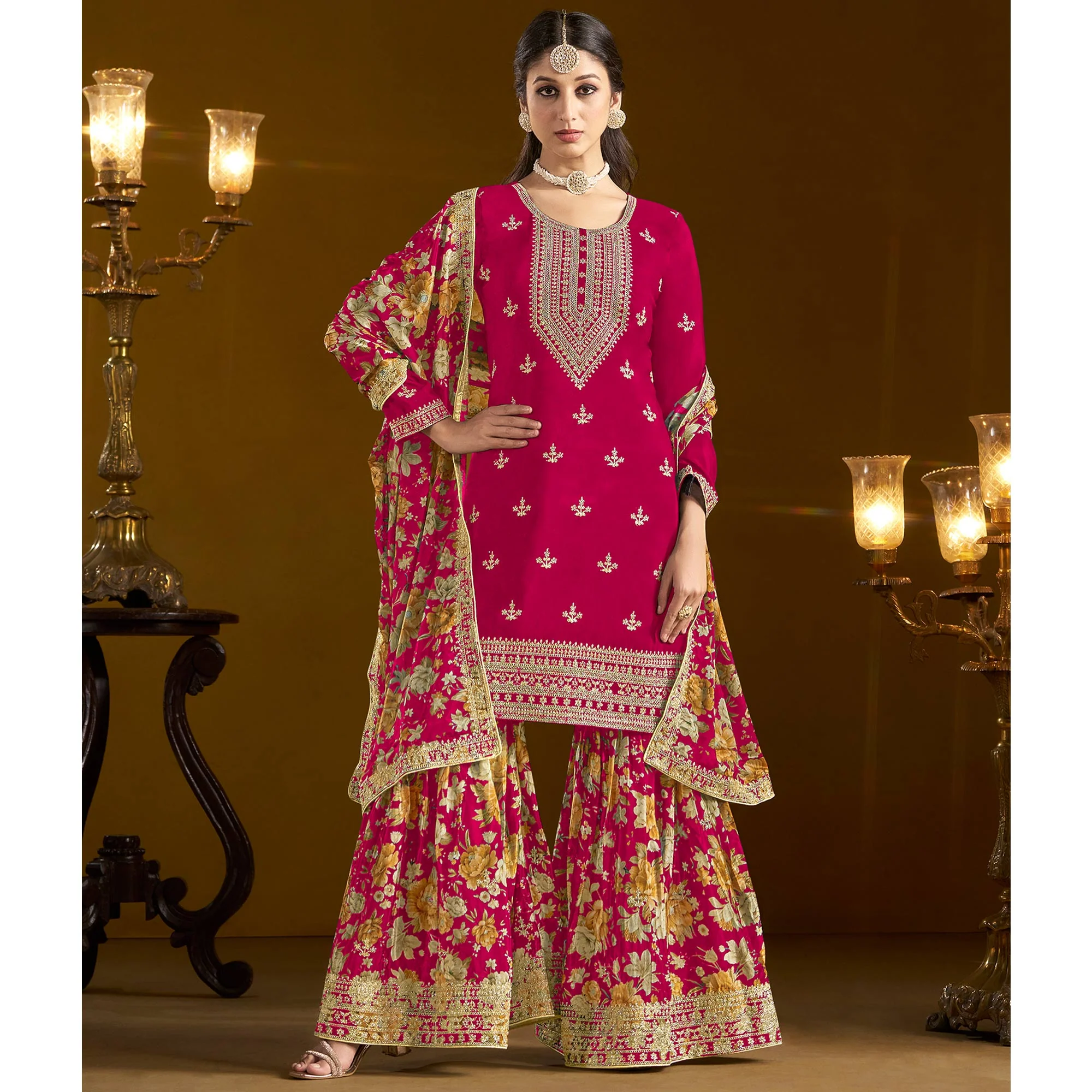 Pink Floral Embroidered Chinon Semi Stitched Salwar Suit - Image 4