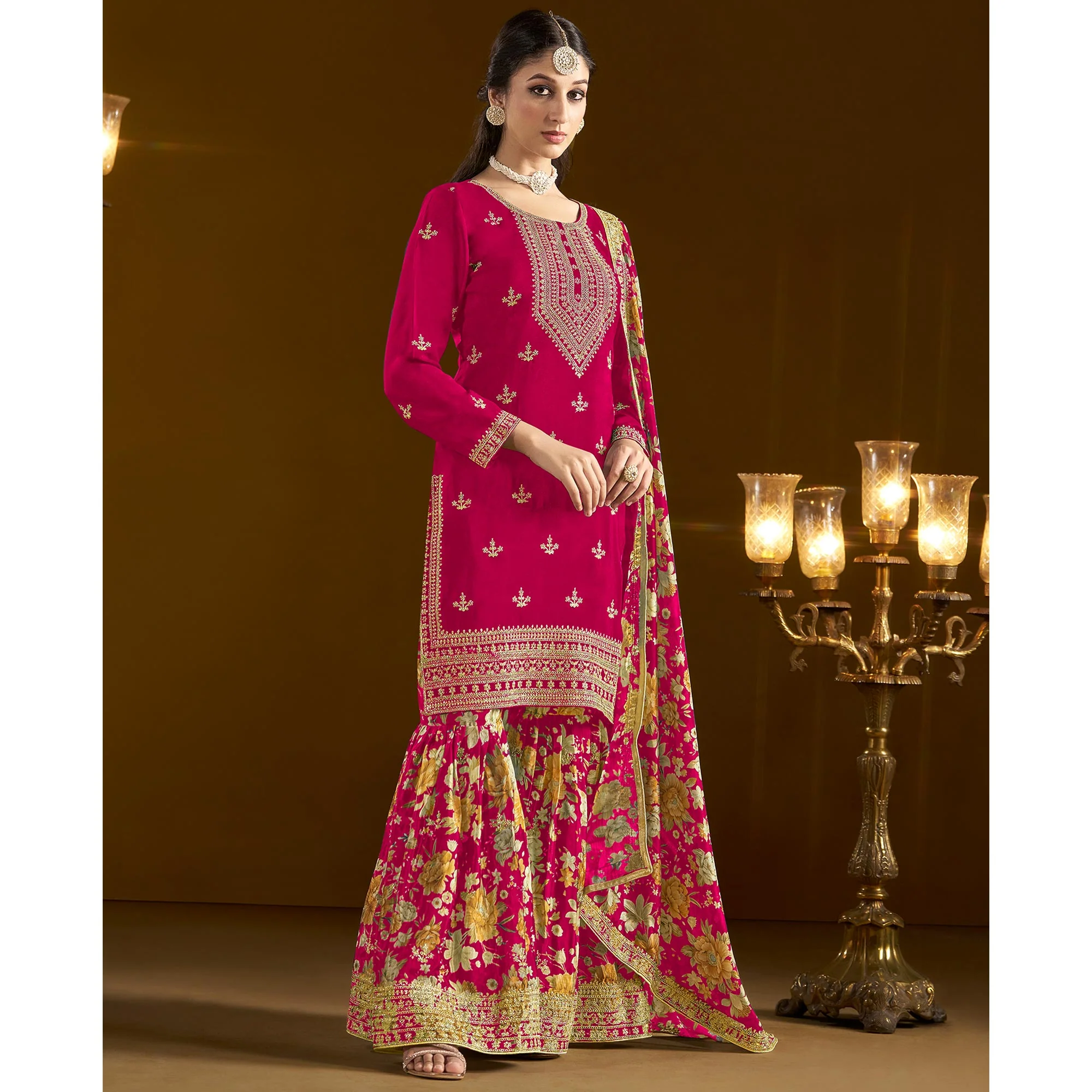 Pink Floral Embroidered Chinon Semi Stitched Salwar Suit - Image 5