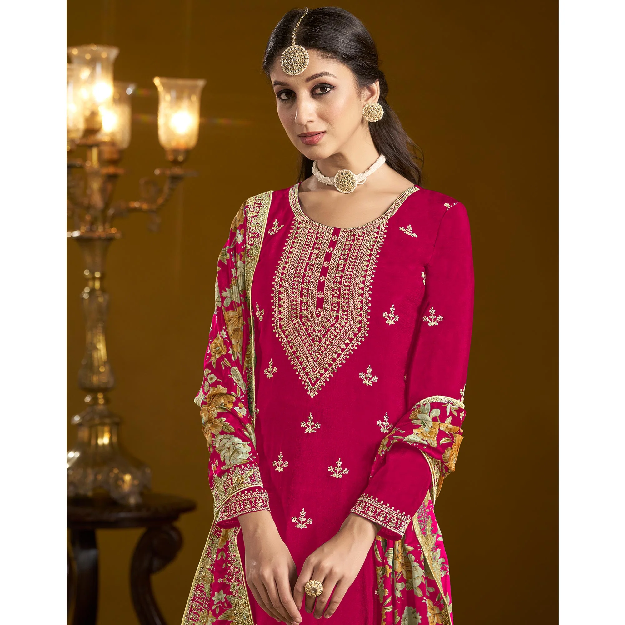 Pink Floral Embroidered Chinon Semi Stitched Salwar Suit - Image 6