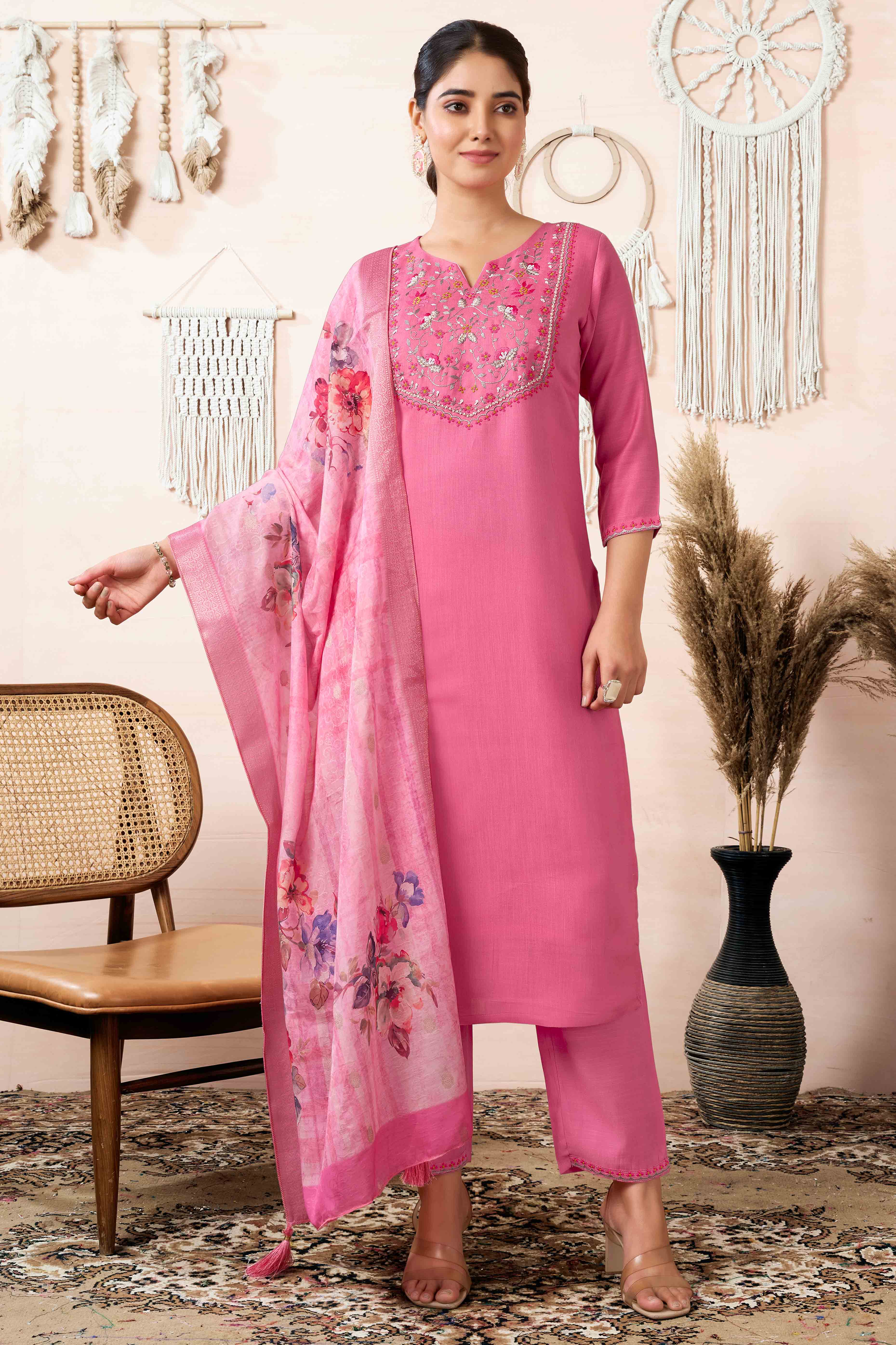 Pink Floral Embroidered Cotton Slub Straight Salwar Suit - Image 3