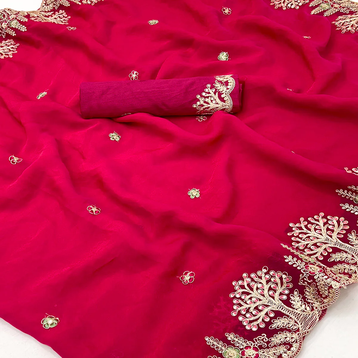 Pink Floral Embroidered Crepe Saree with Subtle Sequin Detailing - Image 2