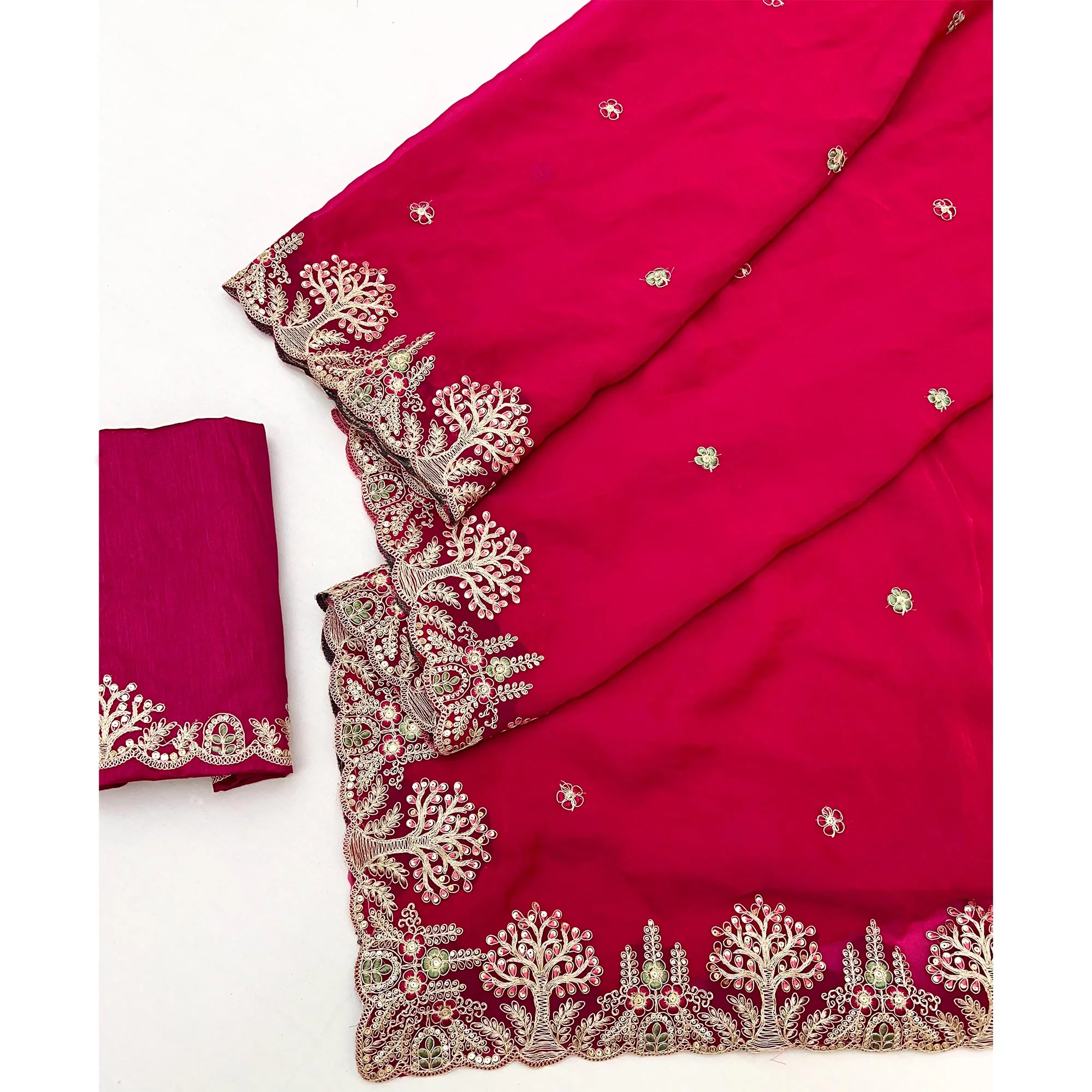 Pink Floral Embroidered Crepe Saree with Subtle Sequin Detailing - Image 3