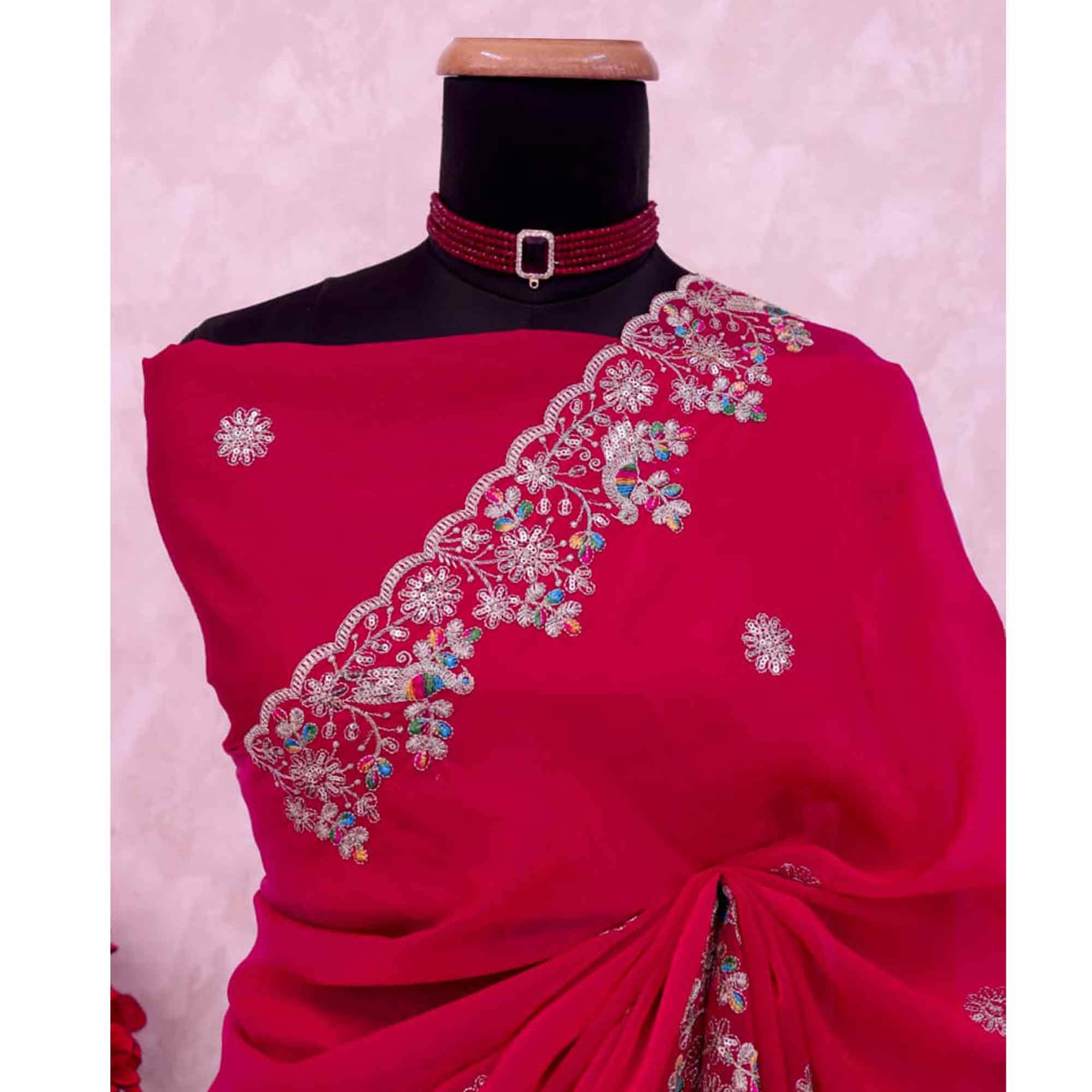 Pink Floral Embroidered Lightweight Organza Satin Silk Saree for Party and Festive Wear - Image 10