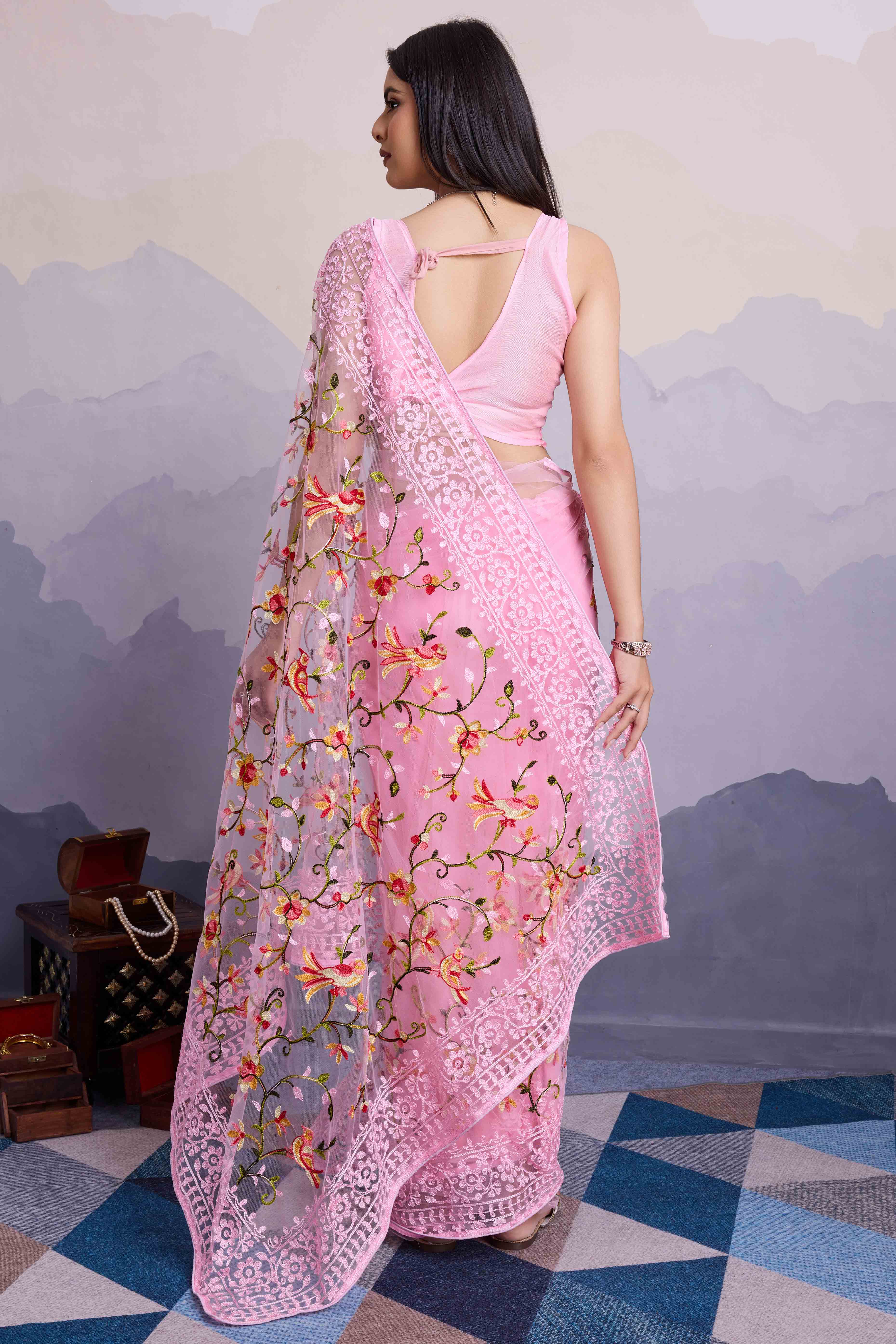Pink Floral Embroidered Net Saree - Image 5