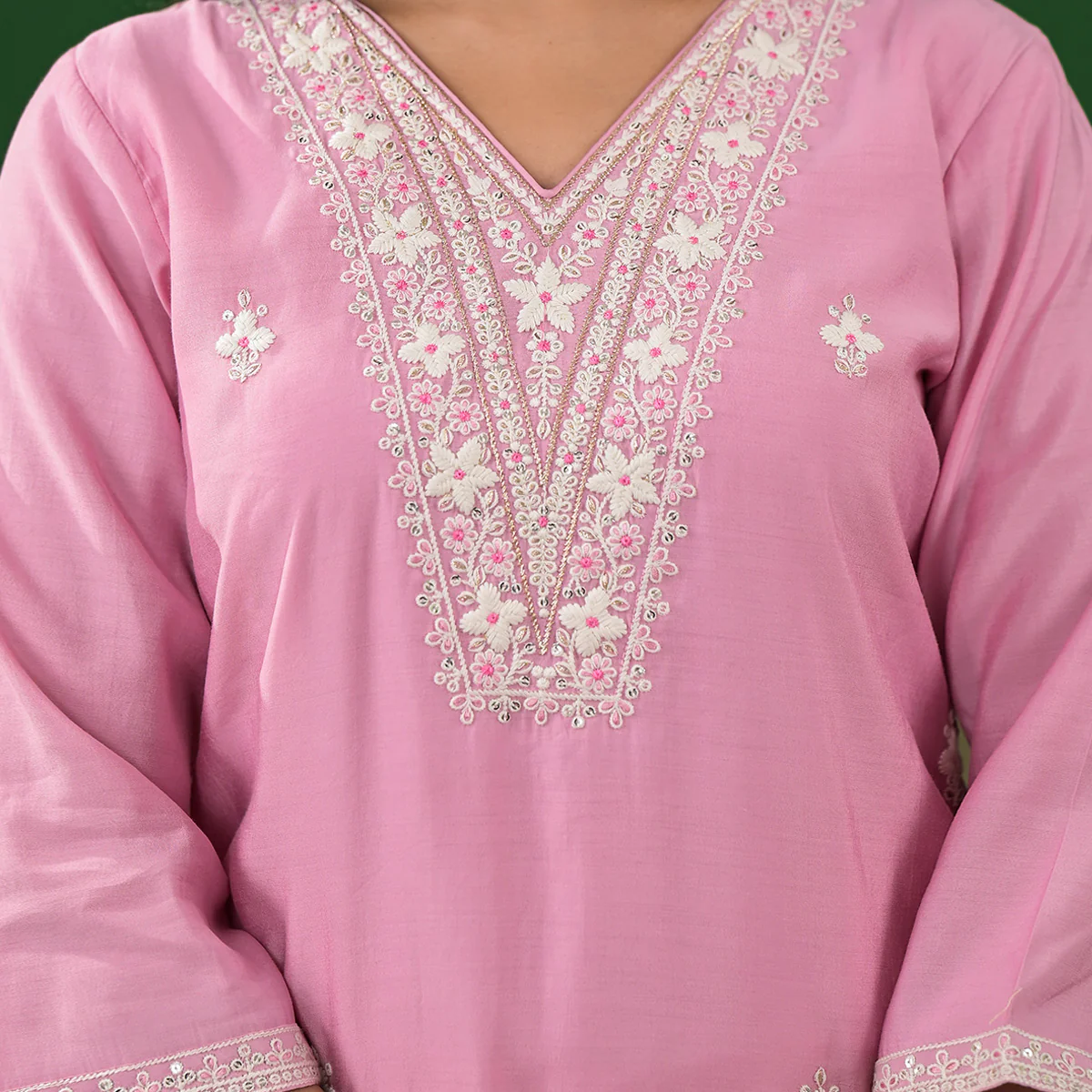 Pink Floral Embroidered Pure Silk Straight Salwar Suit - Image 3