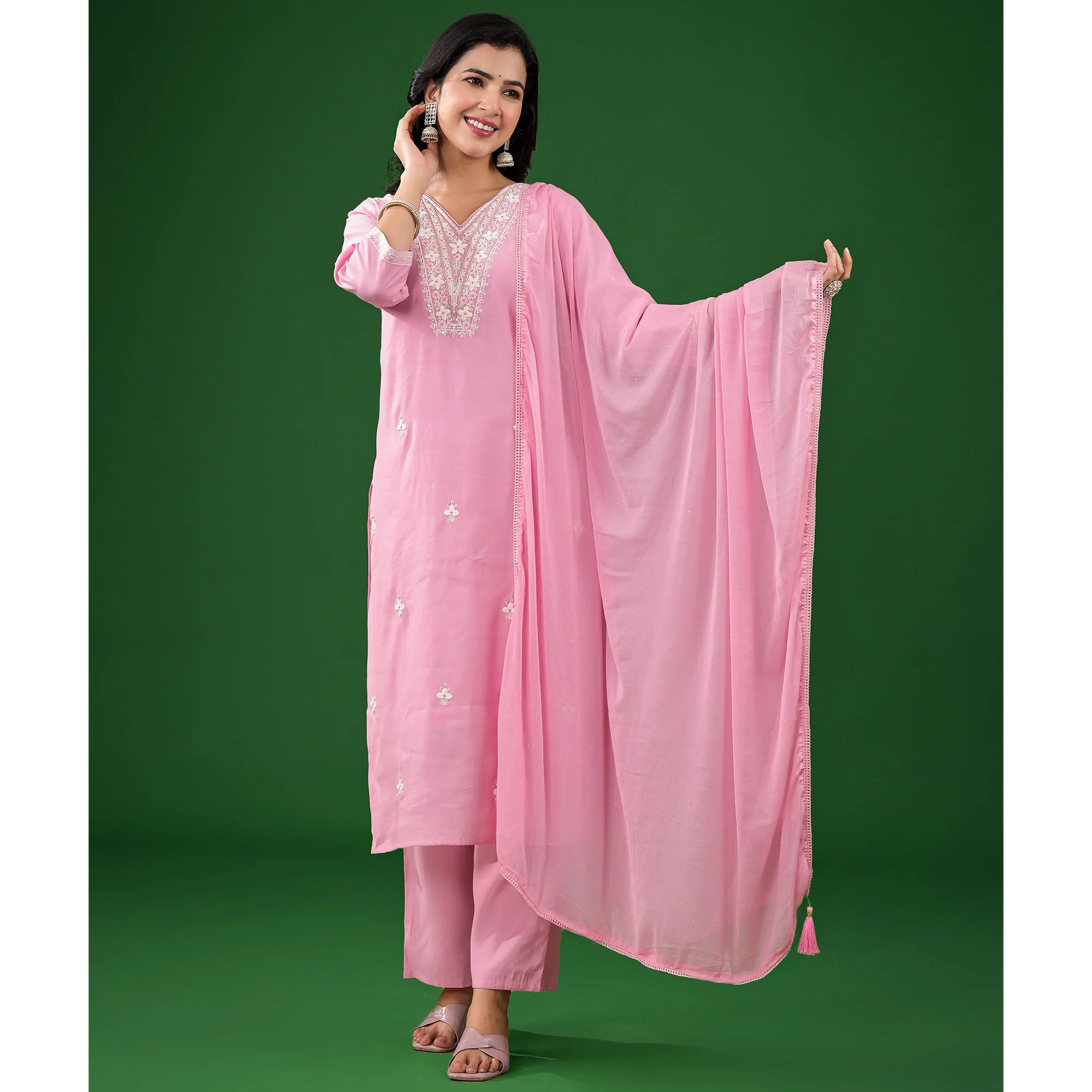Pink Floral Embroidered Pure Silk Straight Salwar Suit - Image 4