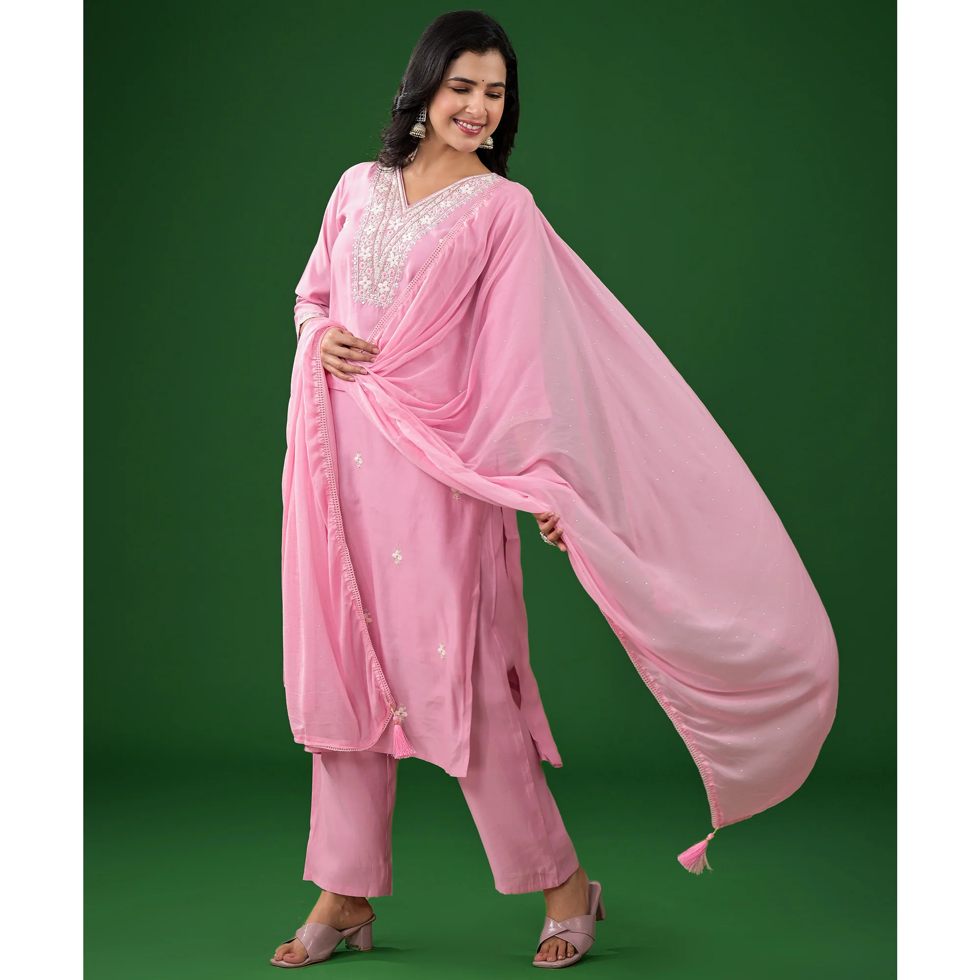 Pink Floral Embroidered Pure Silk Straight Salwar Suit - Image 5