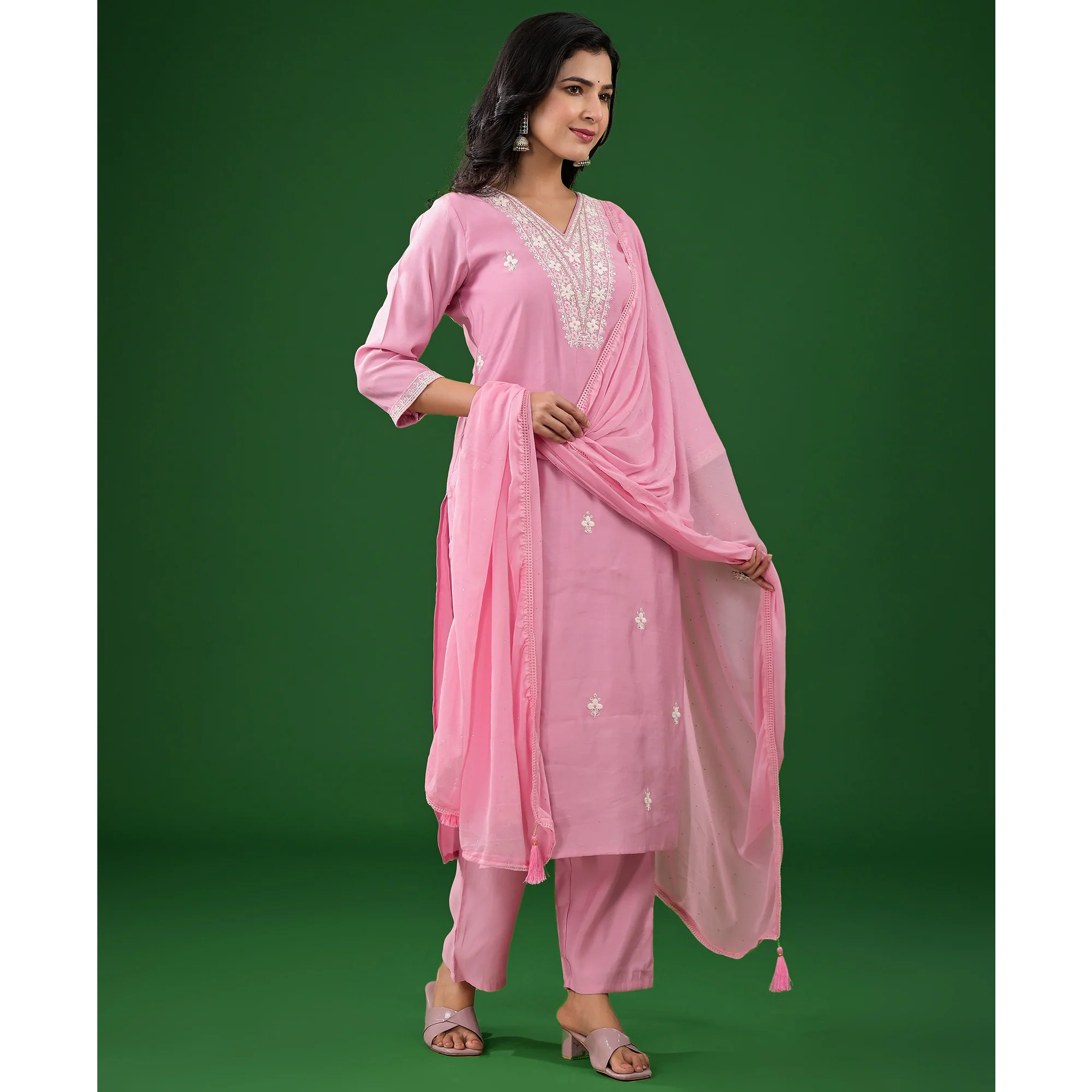 Pink Floral Embroidered Pure Silk Straight Salwar Suit - Image 6