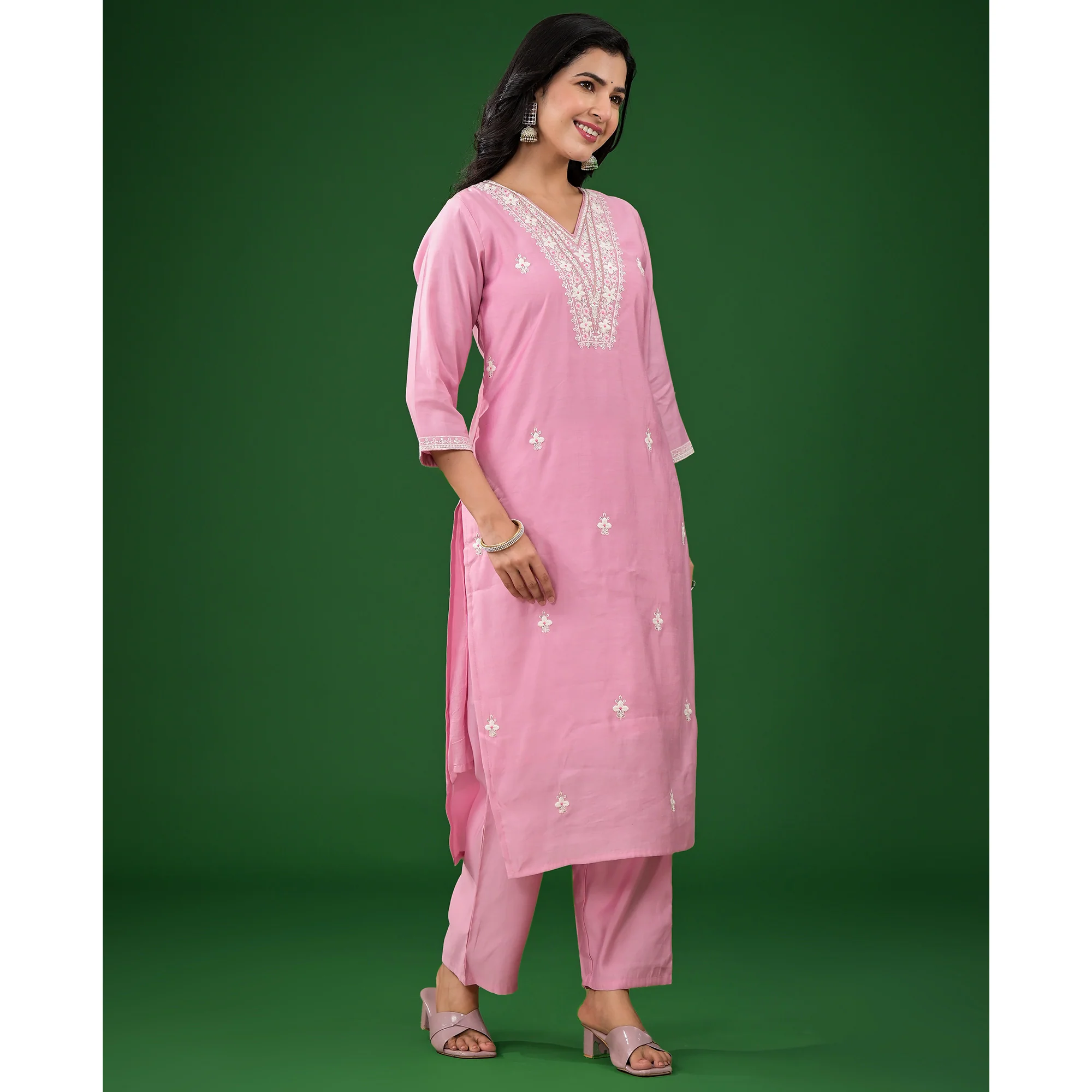 Pink Floral Embroidered Pure Silk Straight Salwar Suit - Image 7